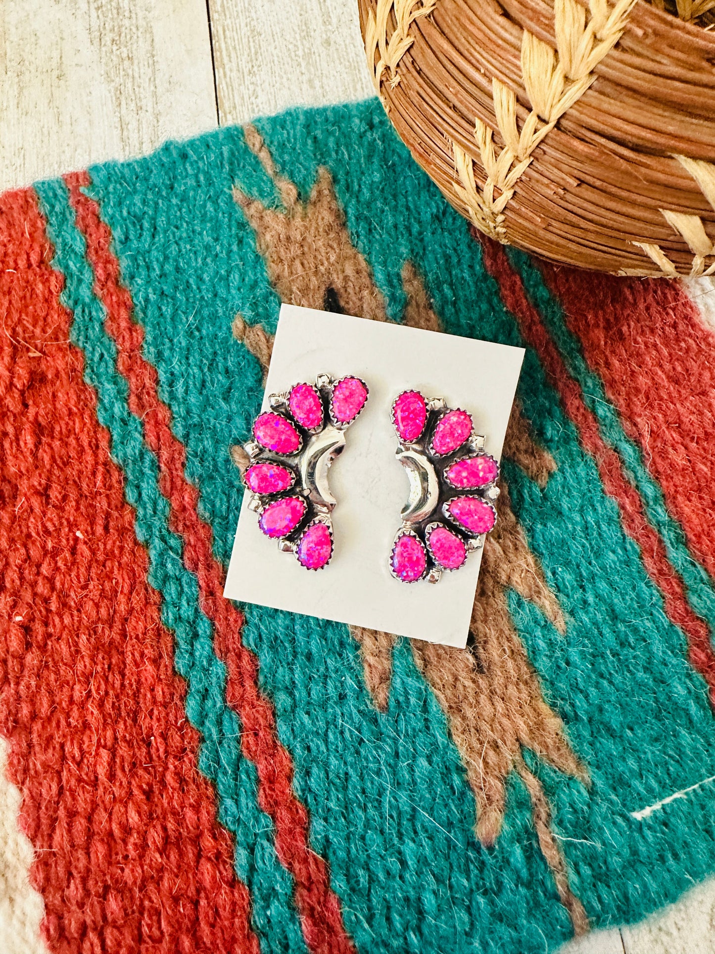 Handcrafted Pink Opal & Sterling Silver Crescent Cluster Earrings