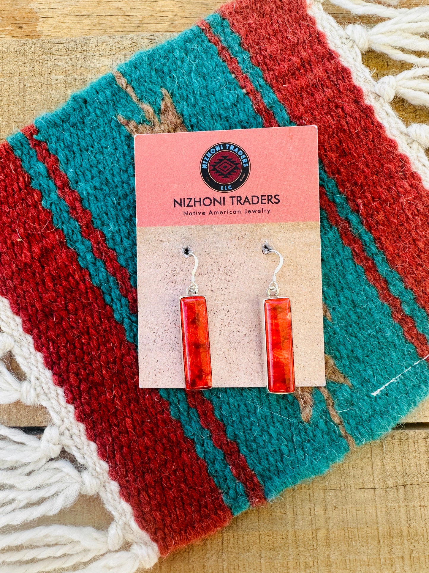 Handcrafted Sterling Silver Apple Coral Rectangle Dangle Earrings