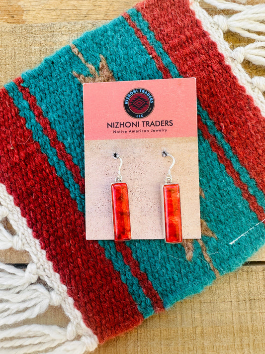 Handcrafted Sterling Silver Apple Coral Rectangle Dangle Earrings