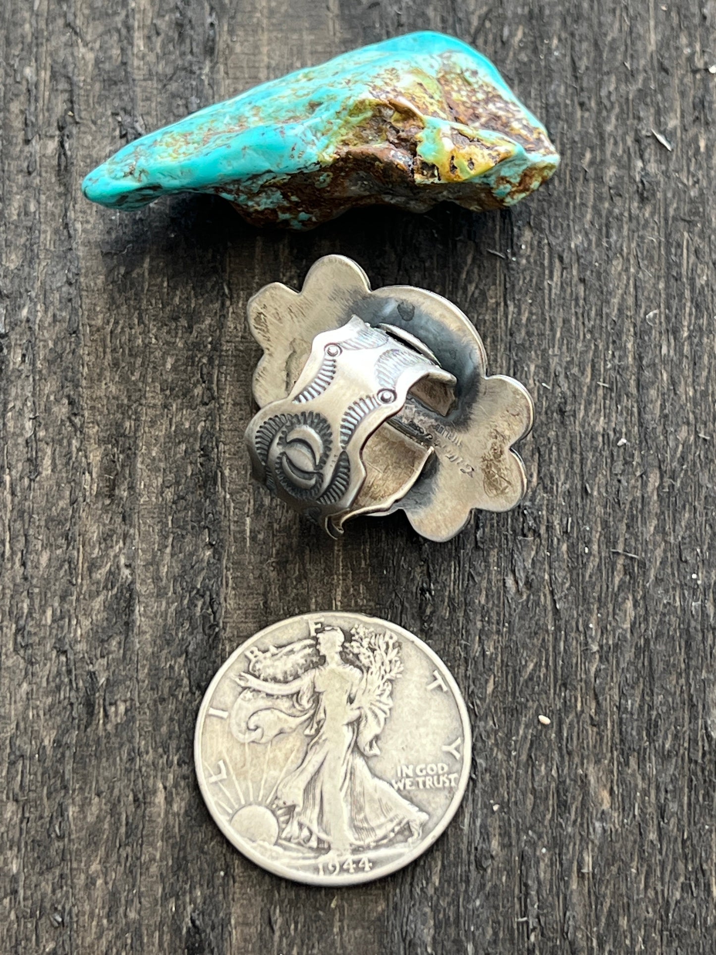 Handcrafted Sterling Silver and Royston Turquoise Single Stone Ring by Gilbert Tom, Size 8