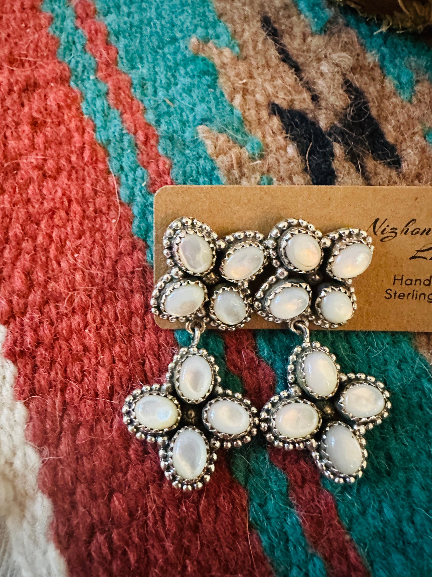 ** Christmas Collection ** Handmade Sterling Silver & Mother of Pearl Dangle Earrings Signed Nizhoni