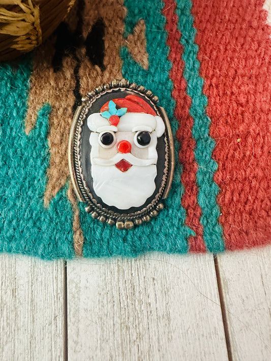 Vintage Handcrafted Multi Stone & Sterling Silver Inlay Santa Clause Brooch