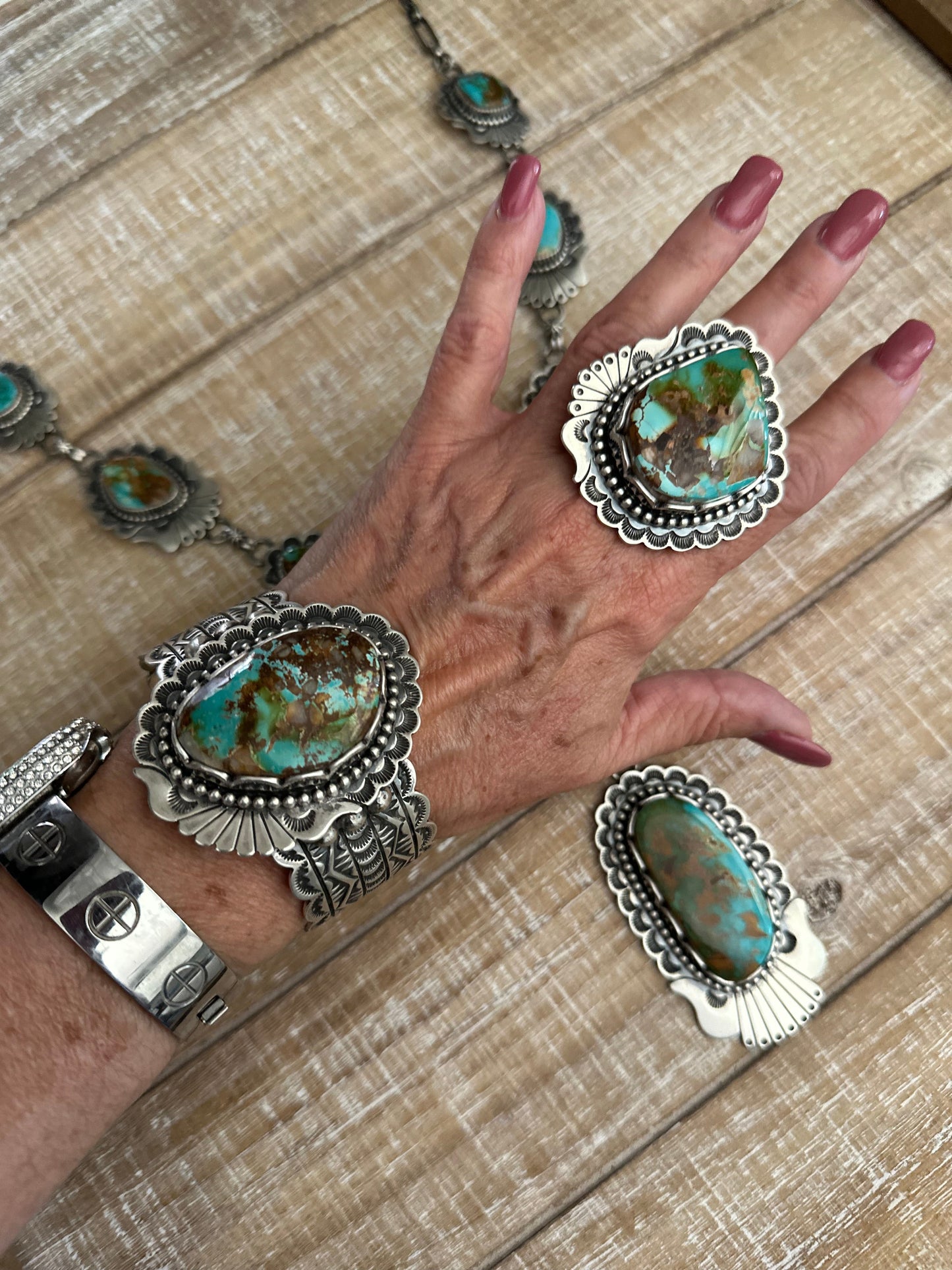 Charles Johnson Handcrafted Royston Turquoise & Sterling Silver Necklace, Bracelet and Ring Set Signed