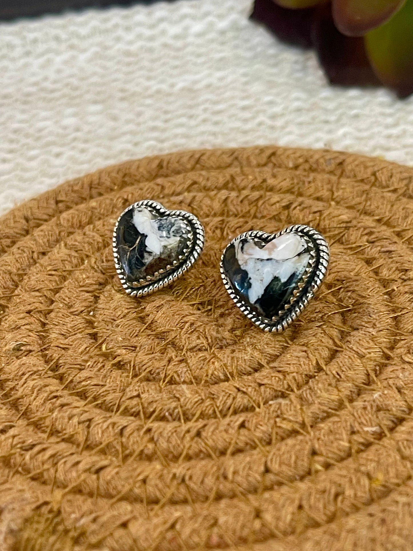 Handmade Sterling Silver White Buffalo Turquoise Heart Post Earrings with Signed Nizhoni