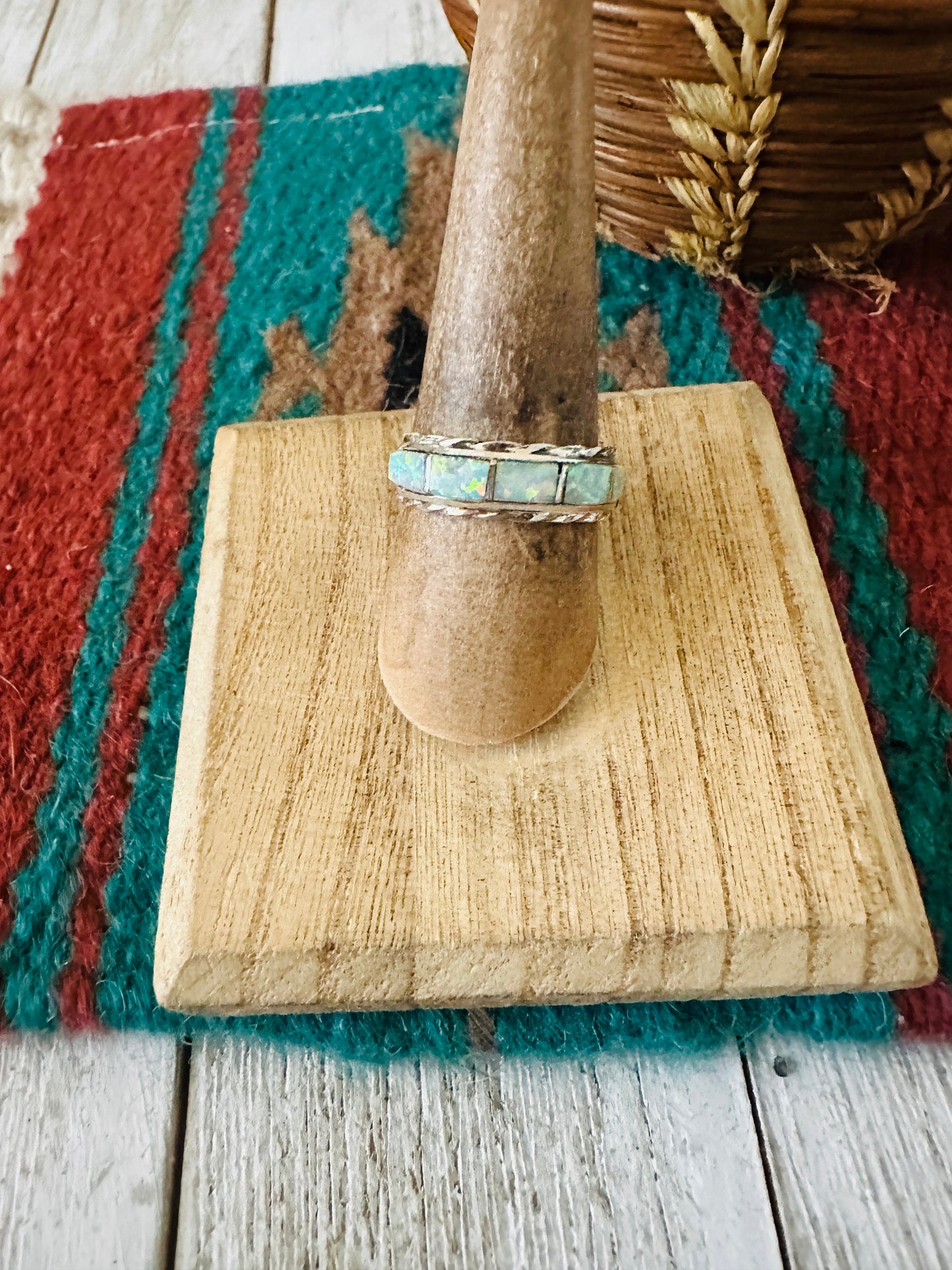 Handcrafted Sterling Silver & White Opal Inlay Band Ring