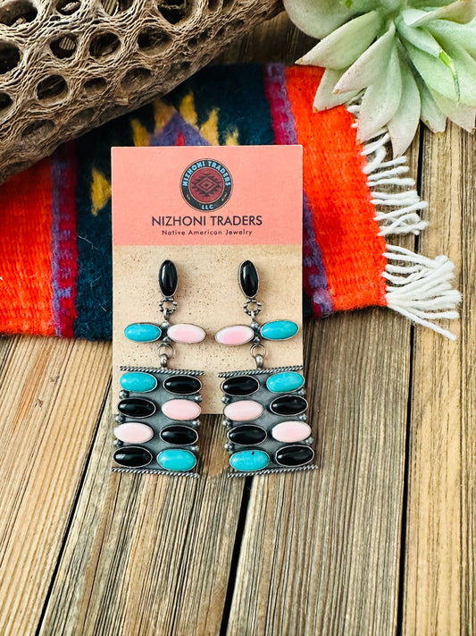 Handcrafted Queen Pink Conch, Turquoise, Onyx & Sterling Silver Dangle Earrings
