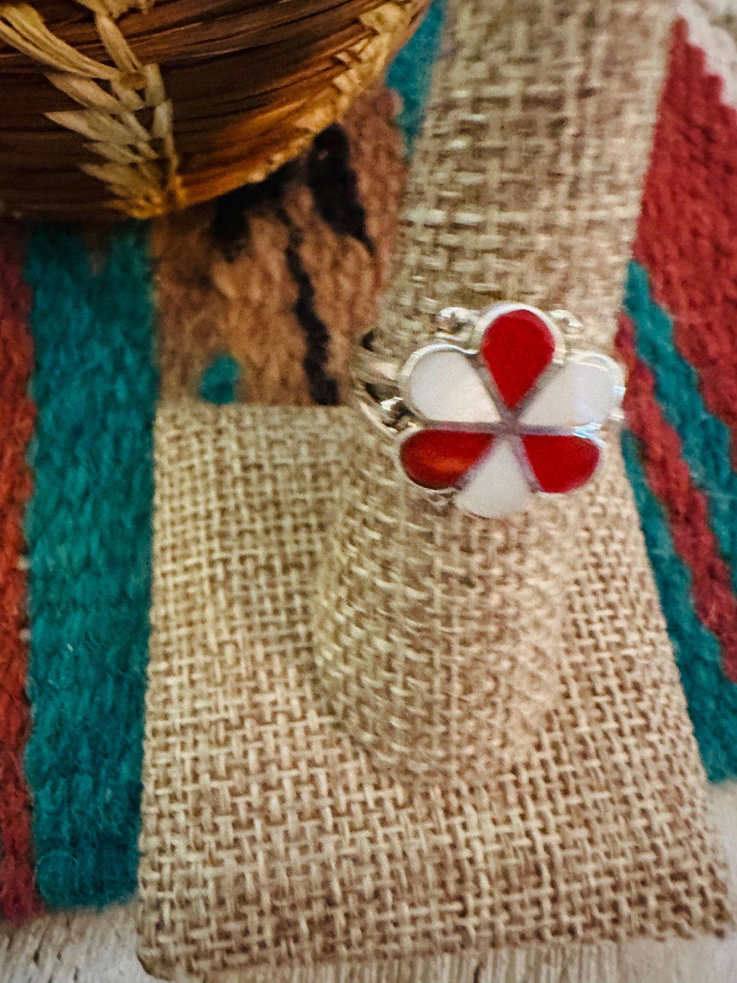 Hand Crafted Mother of Pearl, Coral & Sterling Silver Inlay Flower Ring Size 8.5