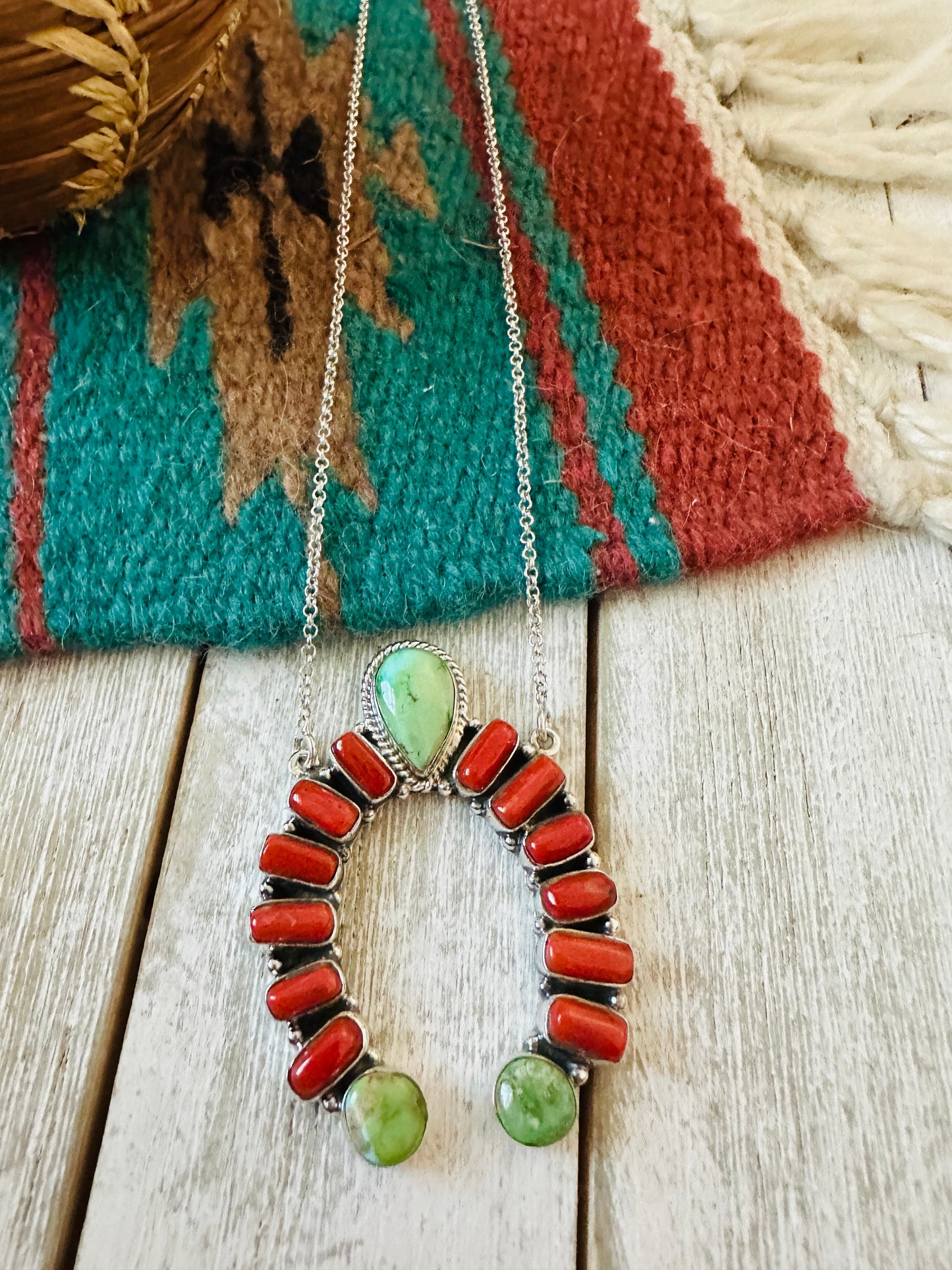** Christmas Collection ** Handmade Sterling Silver, Turquoise & Coral Naja Necklace Signed Nizhoni