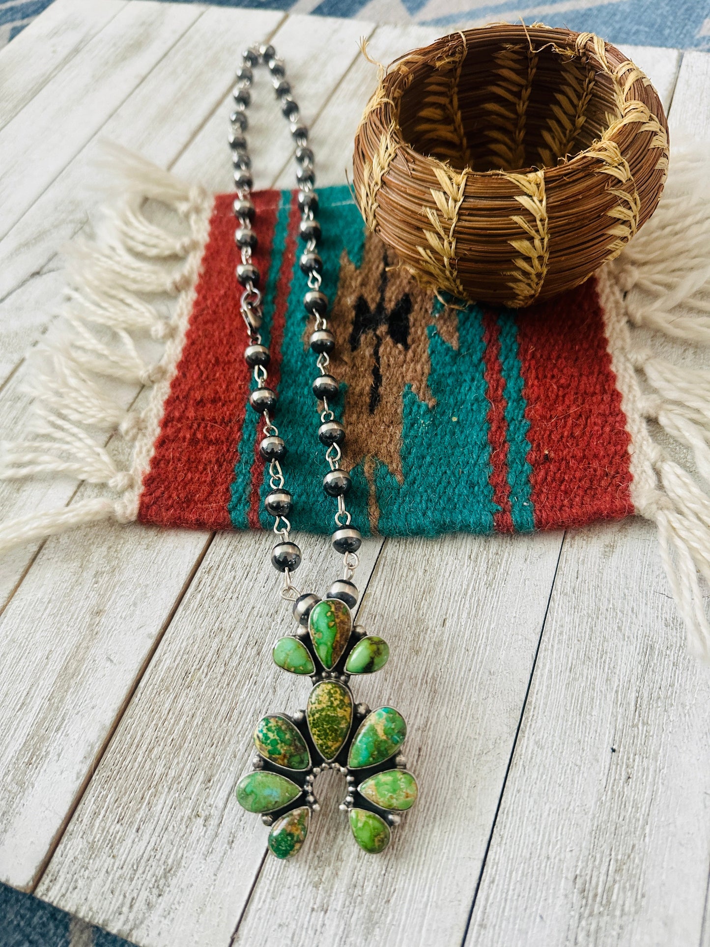 Handcrafted Sterling Silver & Sonoran Gold Turquoise Beaded Naja Necklace Signed