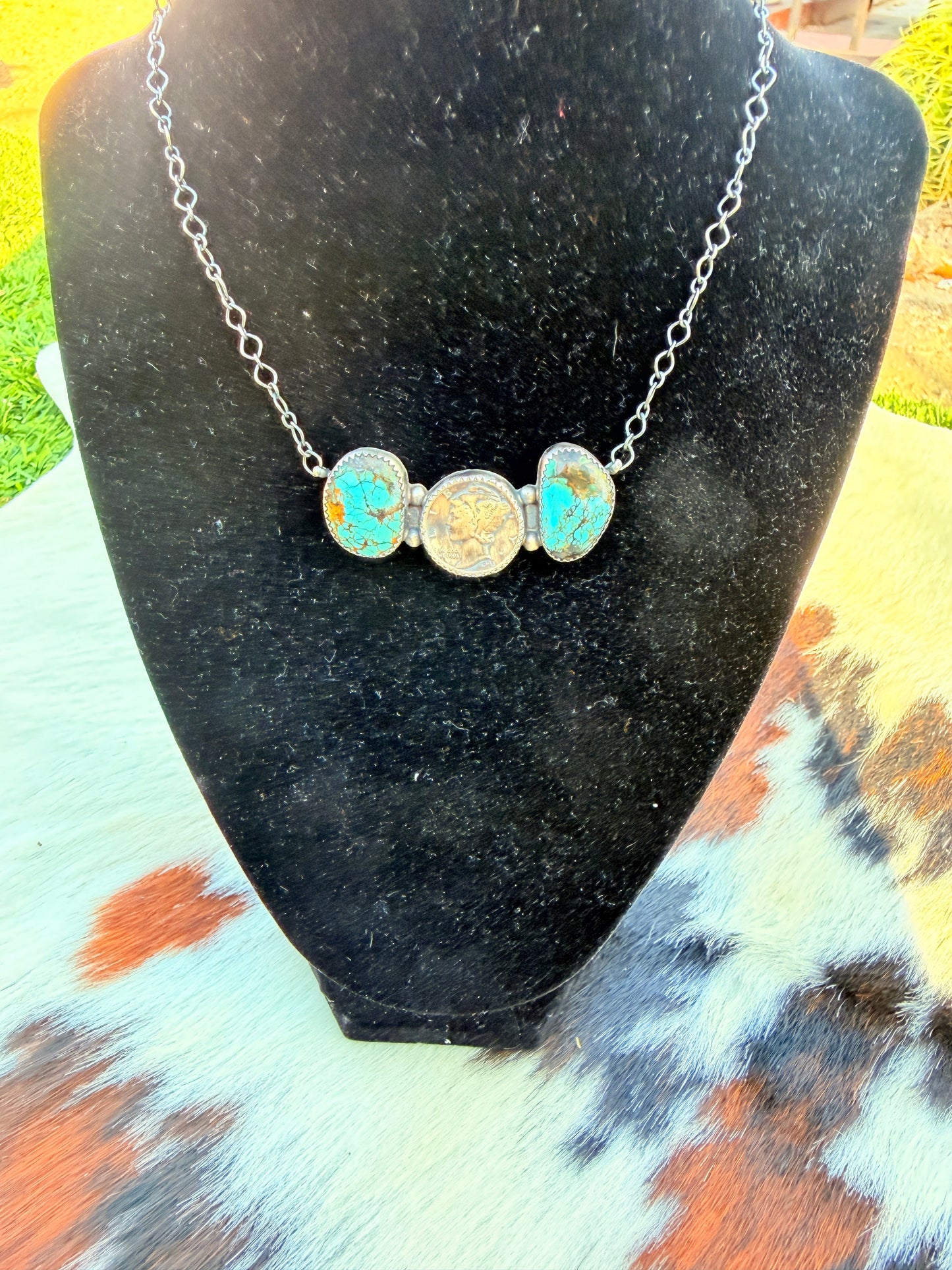 Handcrafted Number 8 Turquoise & Sterling Silver Liberty Dime Necklace by Johnny Frank
