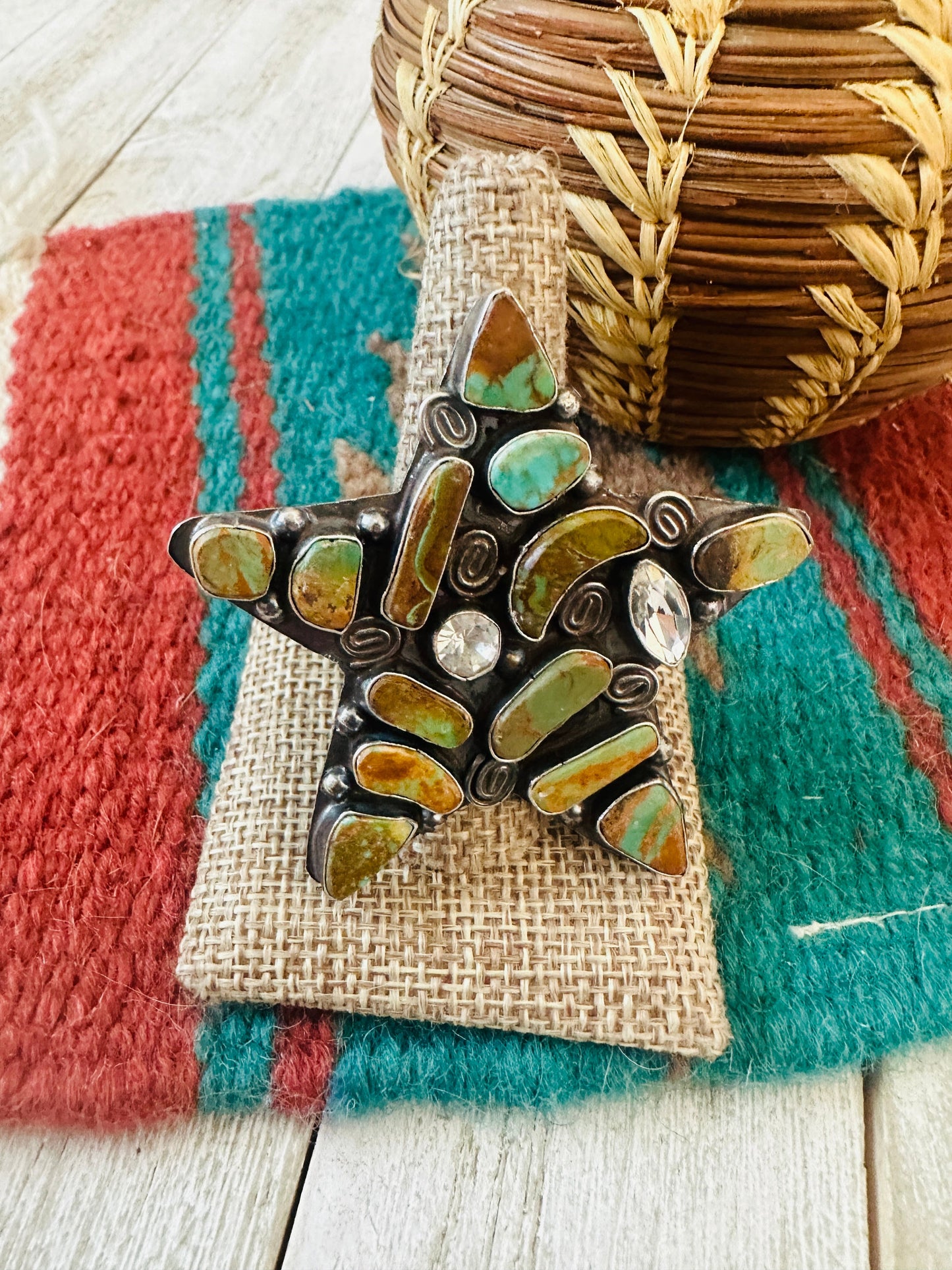 Handcrafted Royston Turquoise, CZ & Sterling Silver Adjustable Star Ring by Jacqueline Silver