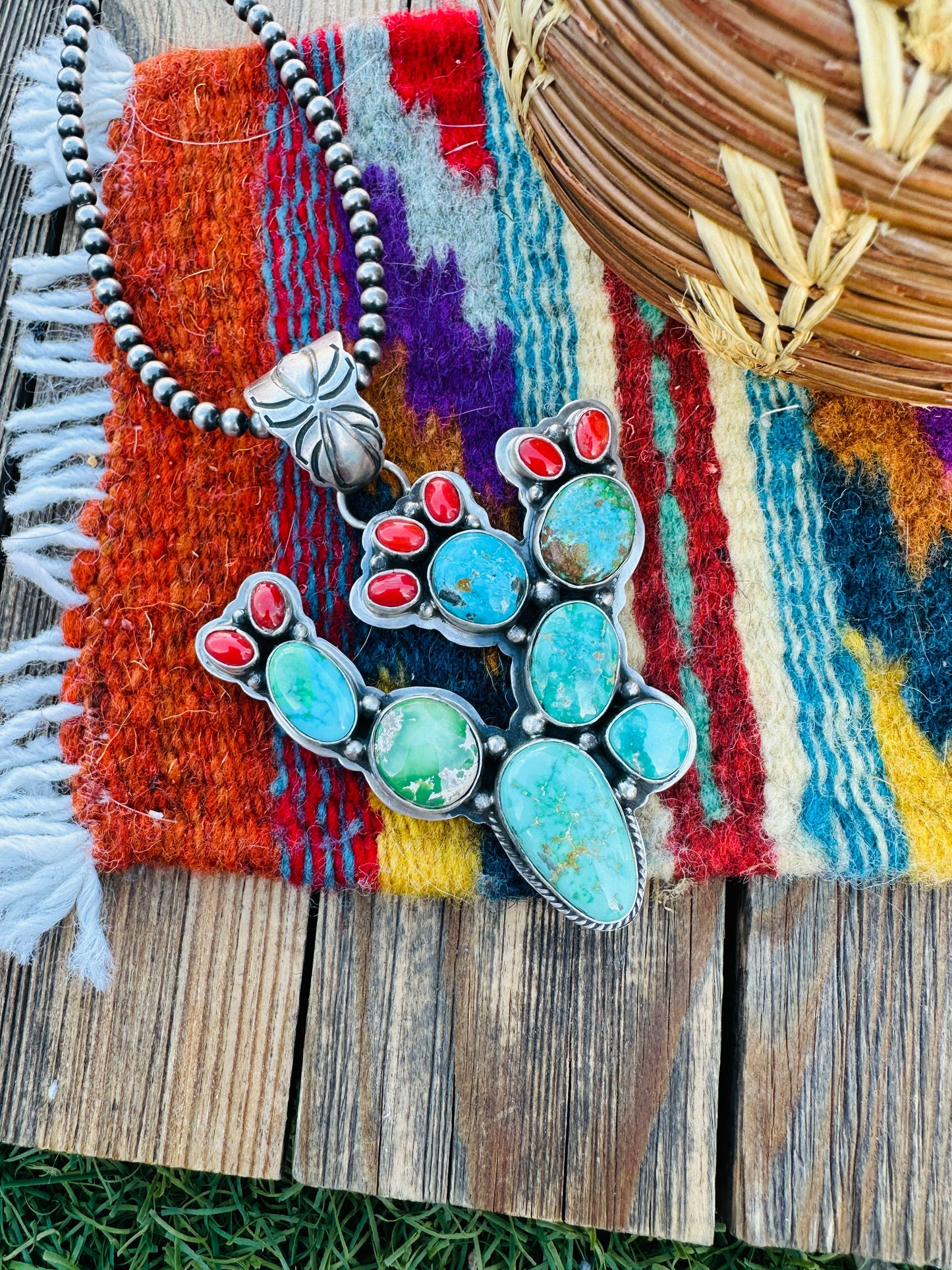 Handcrafted Sterling Silver, Turquoise & Coral Cactus Pendant by Charles Johnson