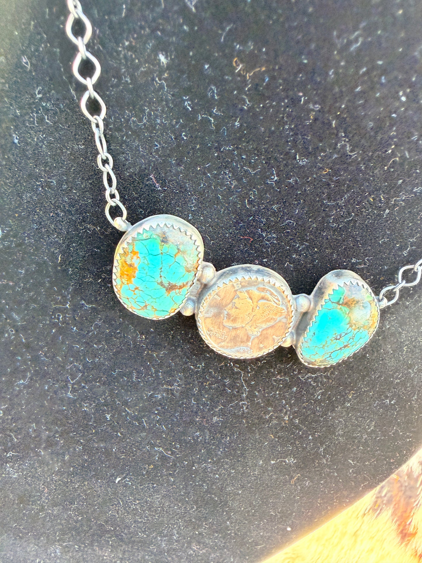 Handcrafted Number 8 Turquoise & Sterling Silver Liberty Dime Necklace by Johnny Frank