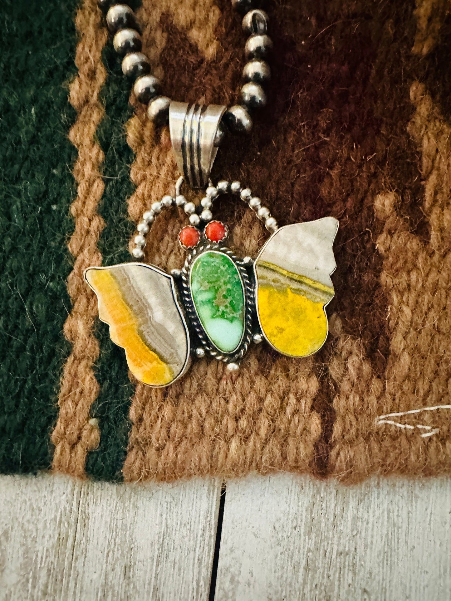Navajo Bumblebee Jasper, Turquoise, Coral & Sterling Silver Butterfly Pendant
