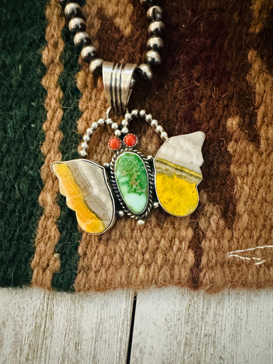 Navajo Bumblebee Jasper, Turquoise, Coral & Sterling Silver Butterfly Pendant