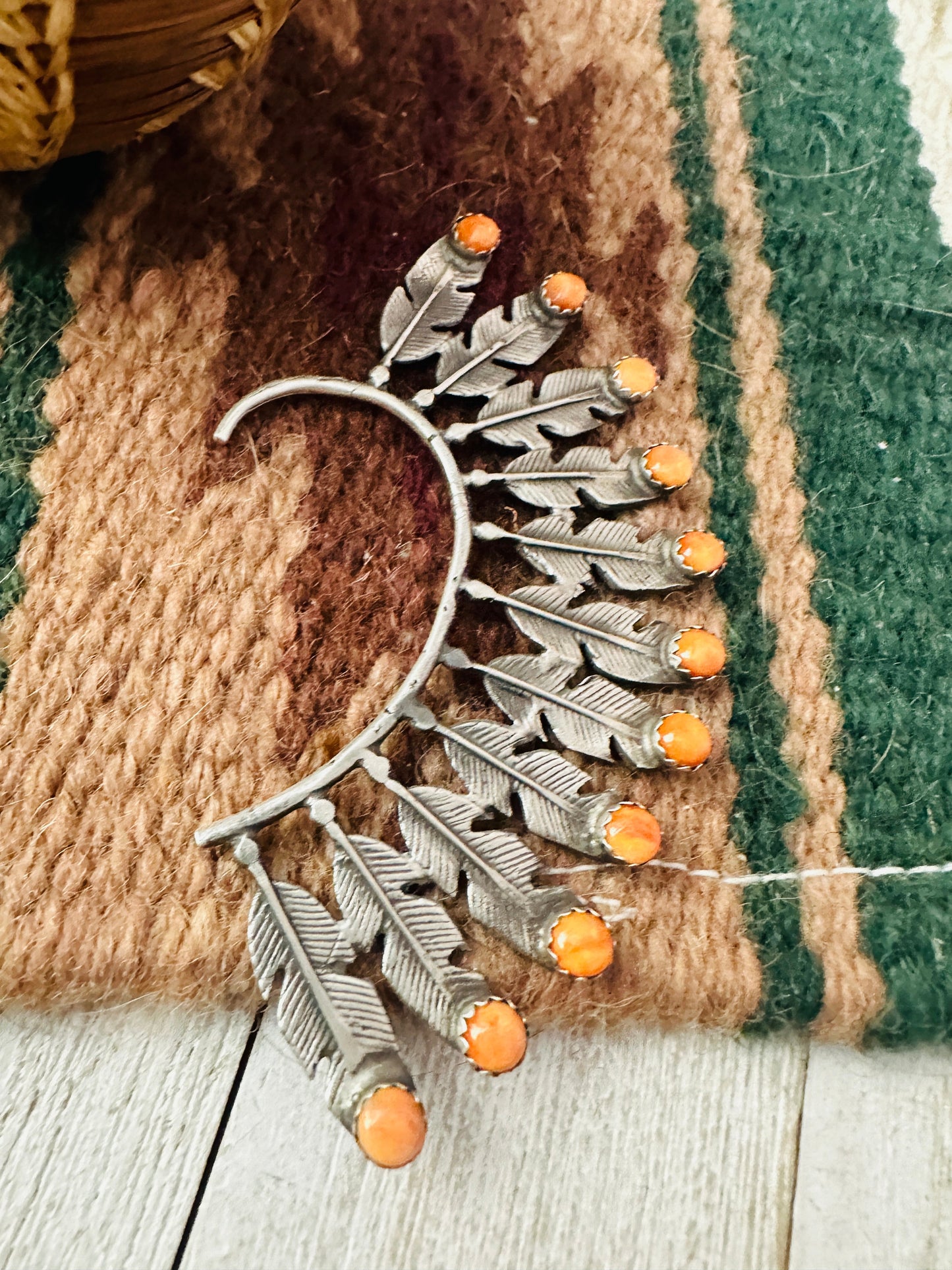 Handcrafted Orange Spiny & Sterling Silver Feather Cuff Earring (Left Side)