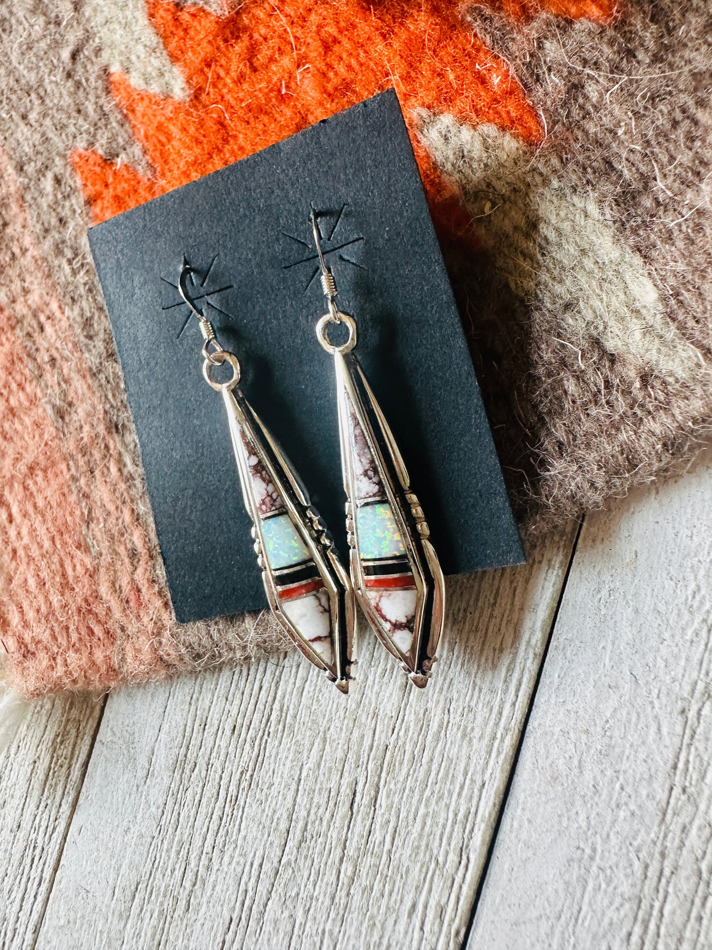 Handcrafted Sterling Silver & Multi Stone Inlay Dangle Earrings