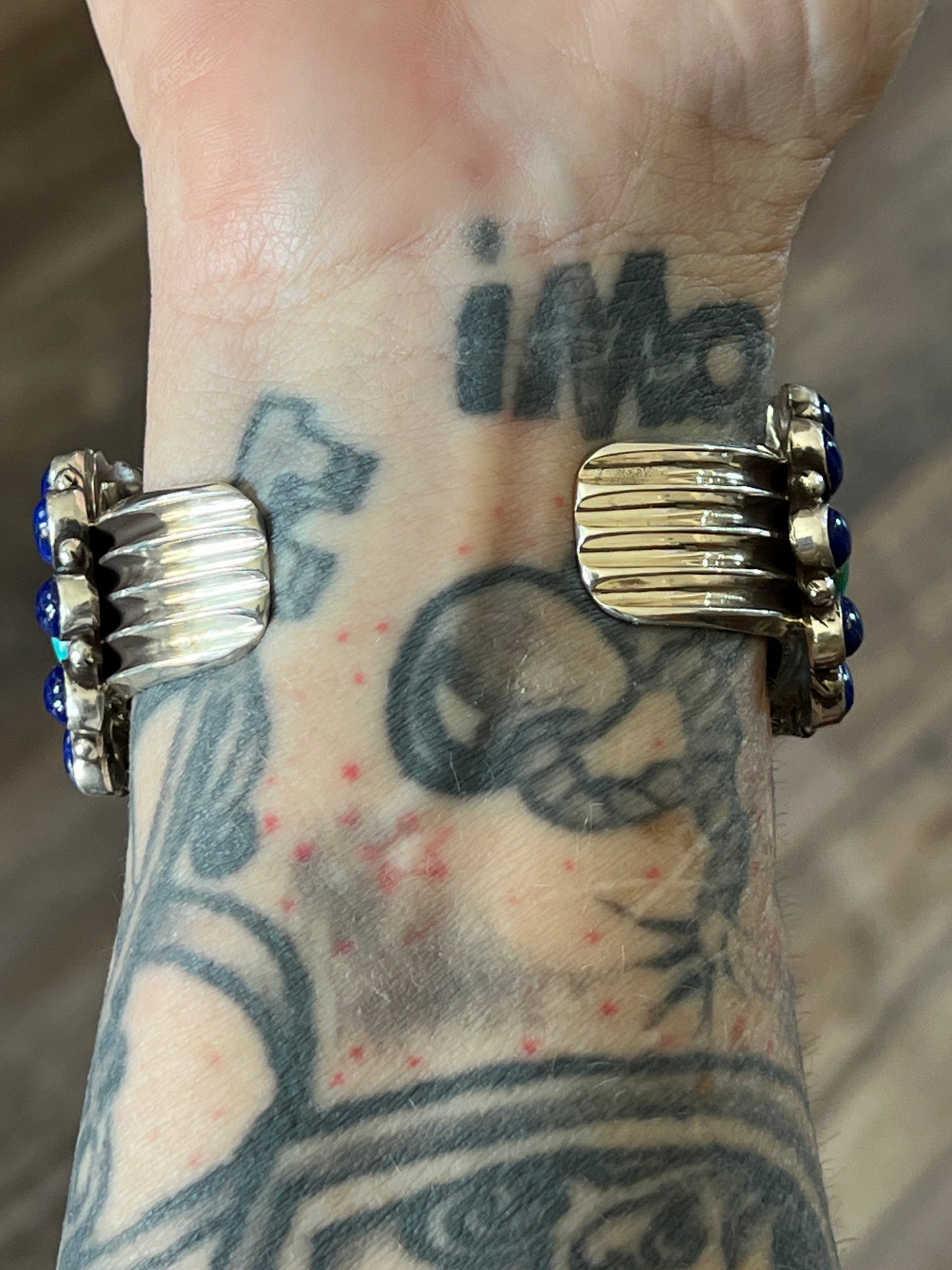 Sterling Silver, Sonoran Mountain Turquoise and Lapis Lazuli Cluster Cuff Bracelet by Tyler Brown /
