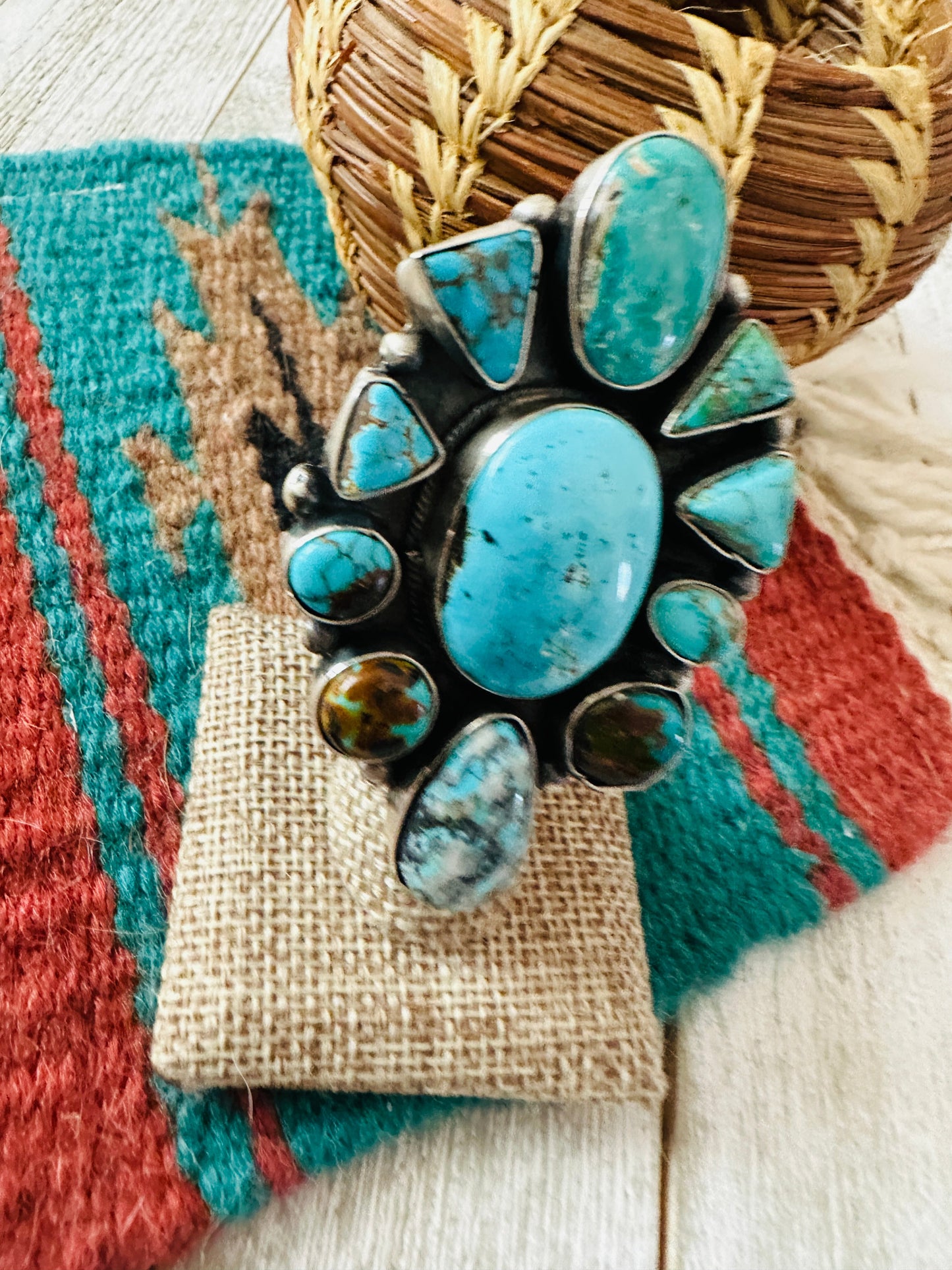 Handcrafted Turquoise & Sterling Silver Cluster Ring Size 8.5 by Ella Peter