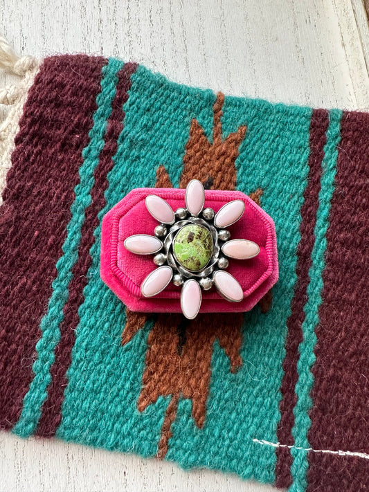 “Pink Blossom” Gorgeous Handcrafted Turquoise, Pink Conch And Sterling Silver Adjustable Flower Ring Signed
