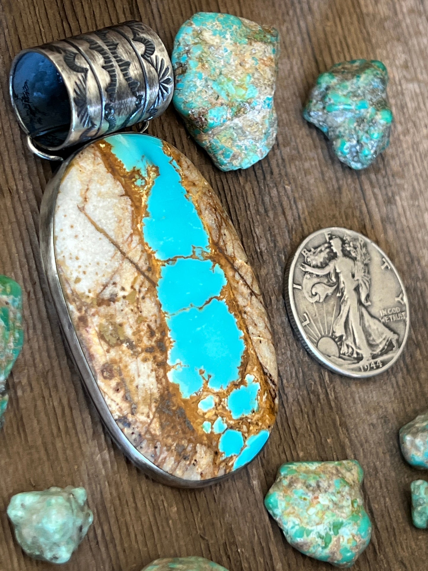 Handcrafted Sterling Silver and Royston Ribbon Turquoise Solo Pendant by Angela Martin
