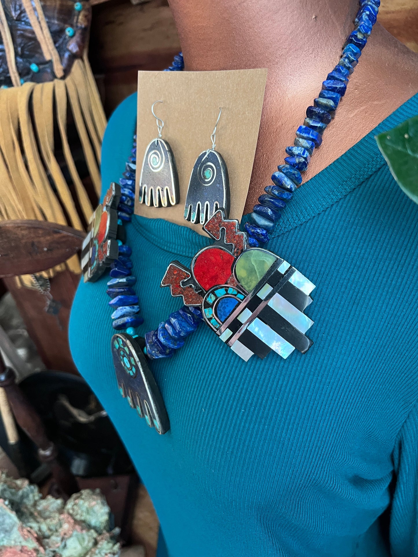 Handcrafted Multi Stone Inlay Healing Hand and Storm Cloud Necklace & Earrings by Warren Nieto