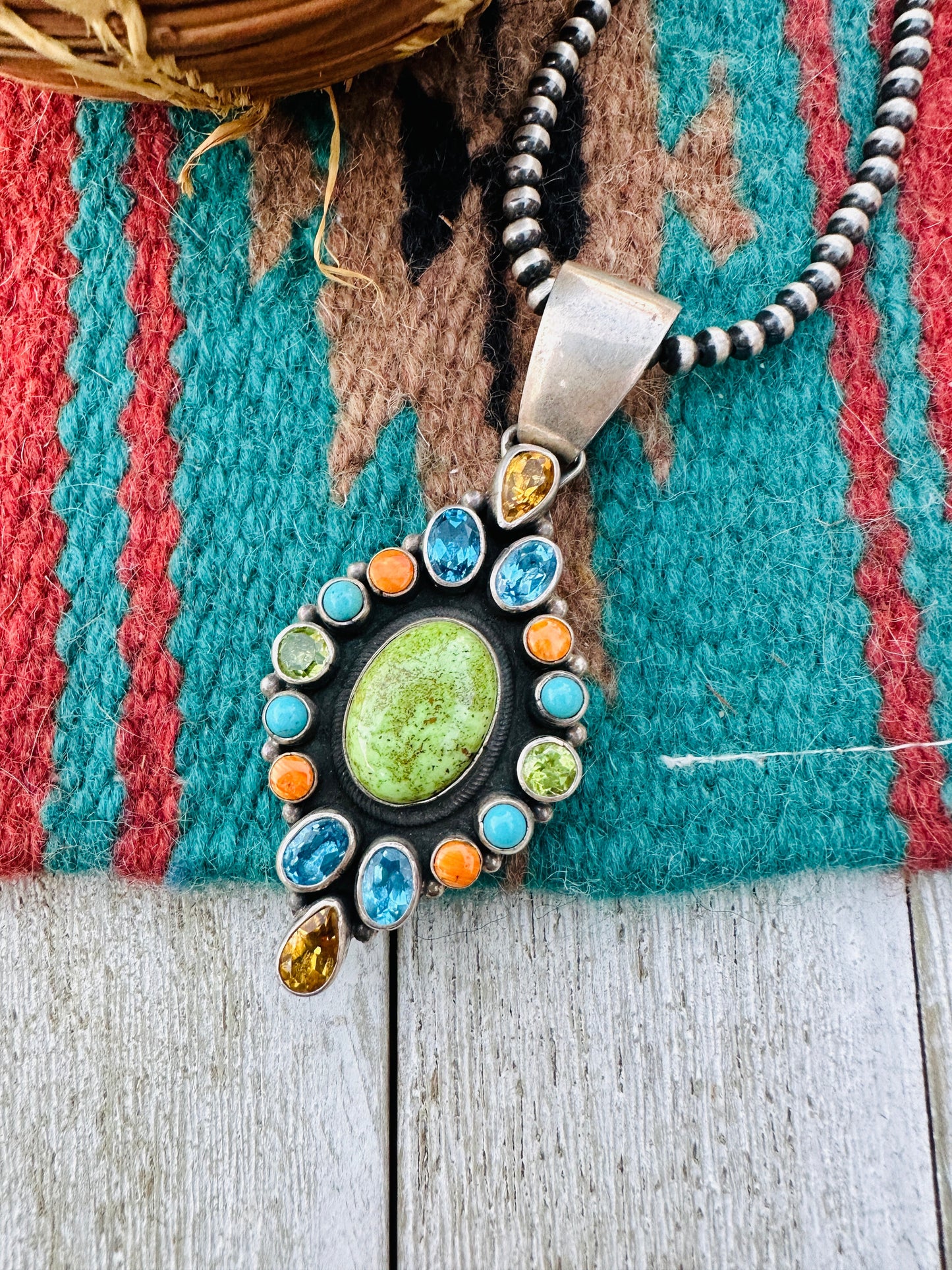 Old Pawn Handcrafted Multi Stone and Sterling Silver Inlay Pendant