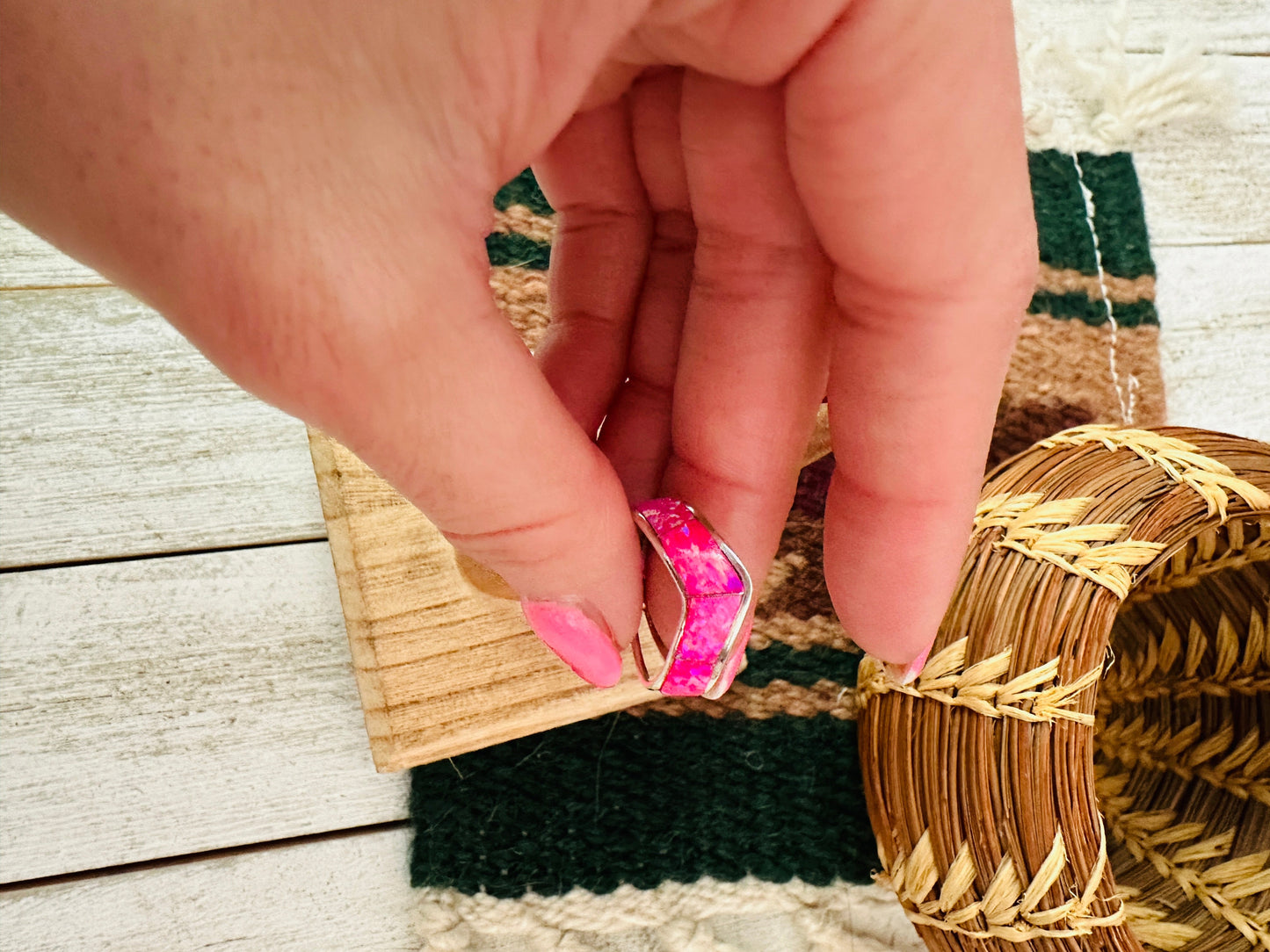 Handcrafted Sterling Silver & Pink Opal Inlay Band Ring