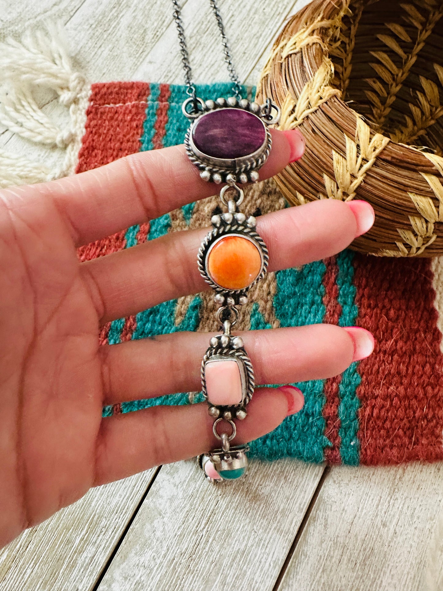 Handcrafted Sterling Silver & Multi Stone Lariat Necklace