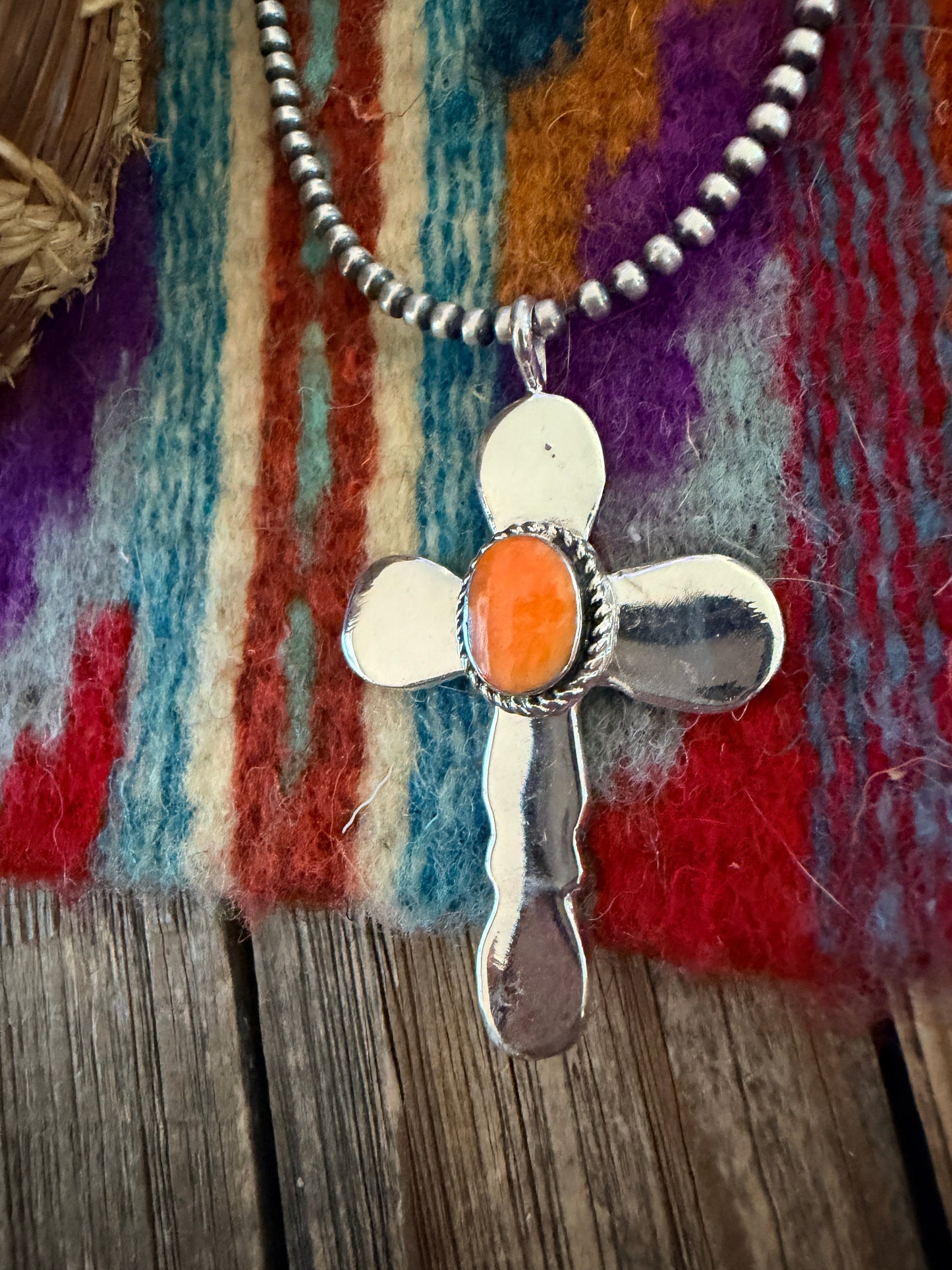 Handcrafted Sterling Silver & Spiny Oyster Cross Pendant by Joseph Martinez