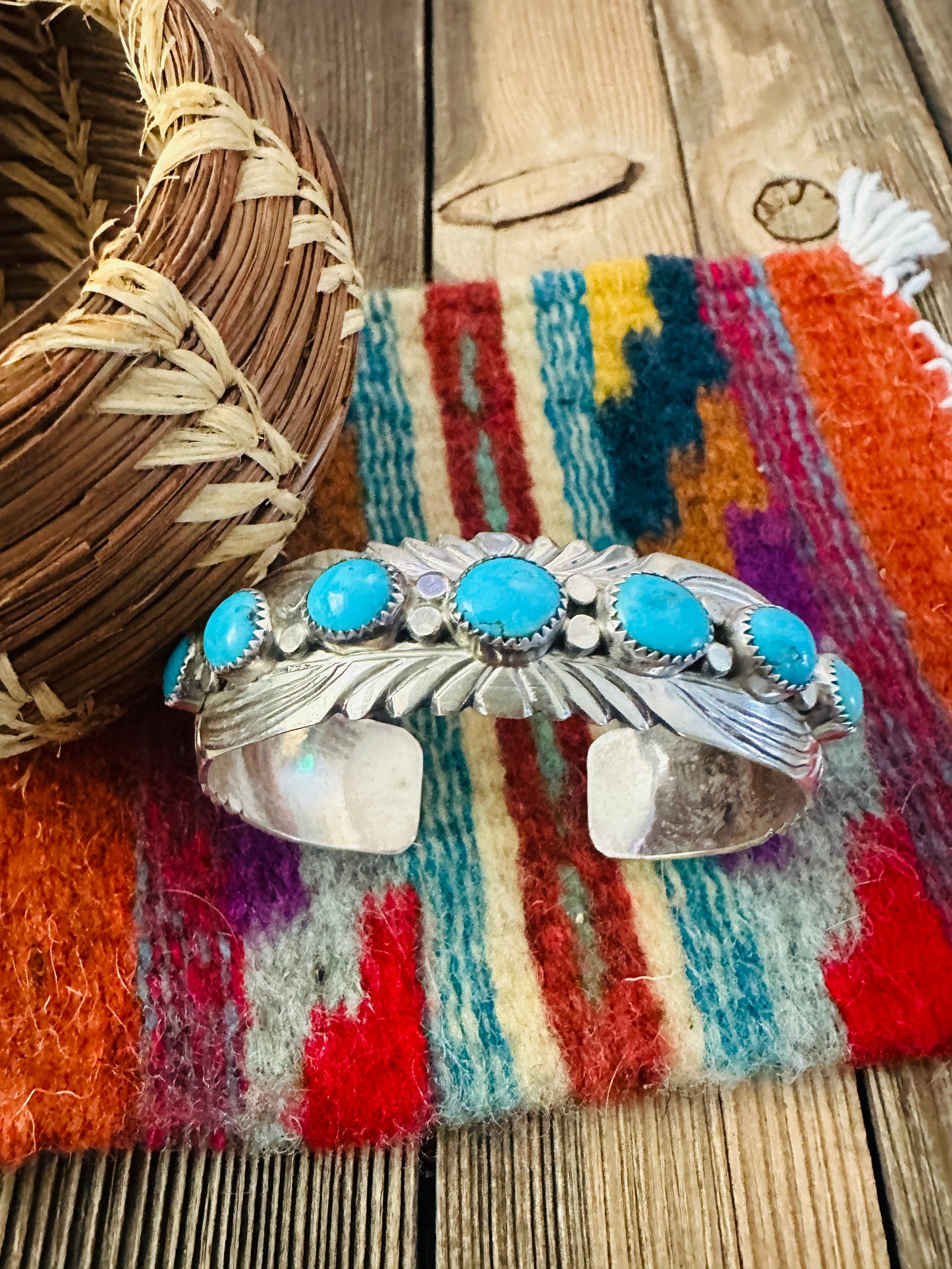 Handcrafted Old Pawn Sterling Silver & Turquoise Cuff Bracelet