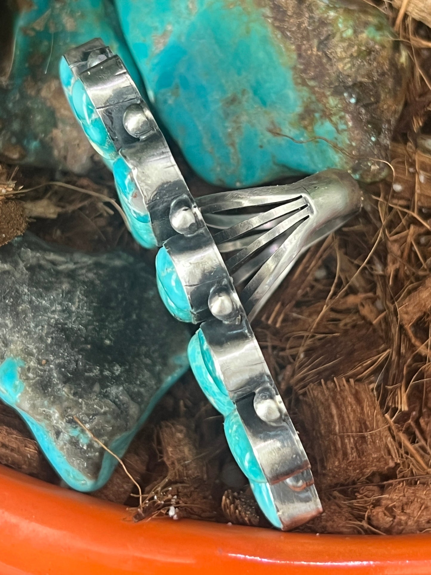 Handcrafted Paul Livingston Sterling Silver and Campitos Turquoise Cluster Ring, Size  7