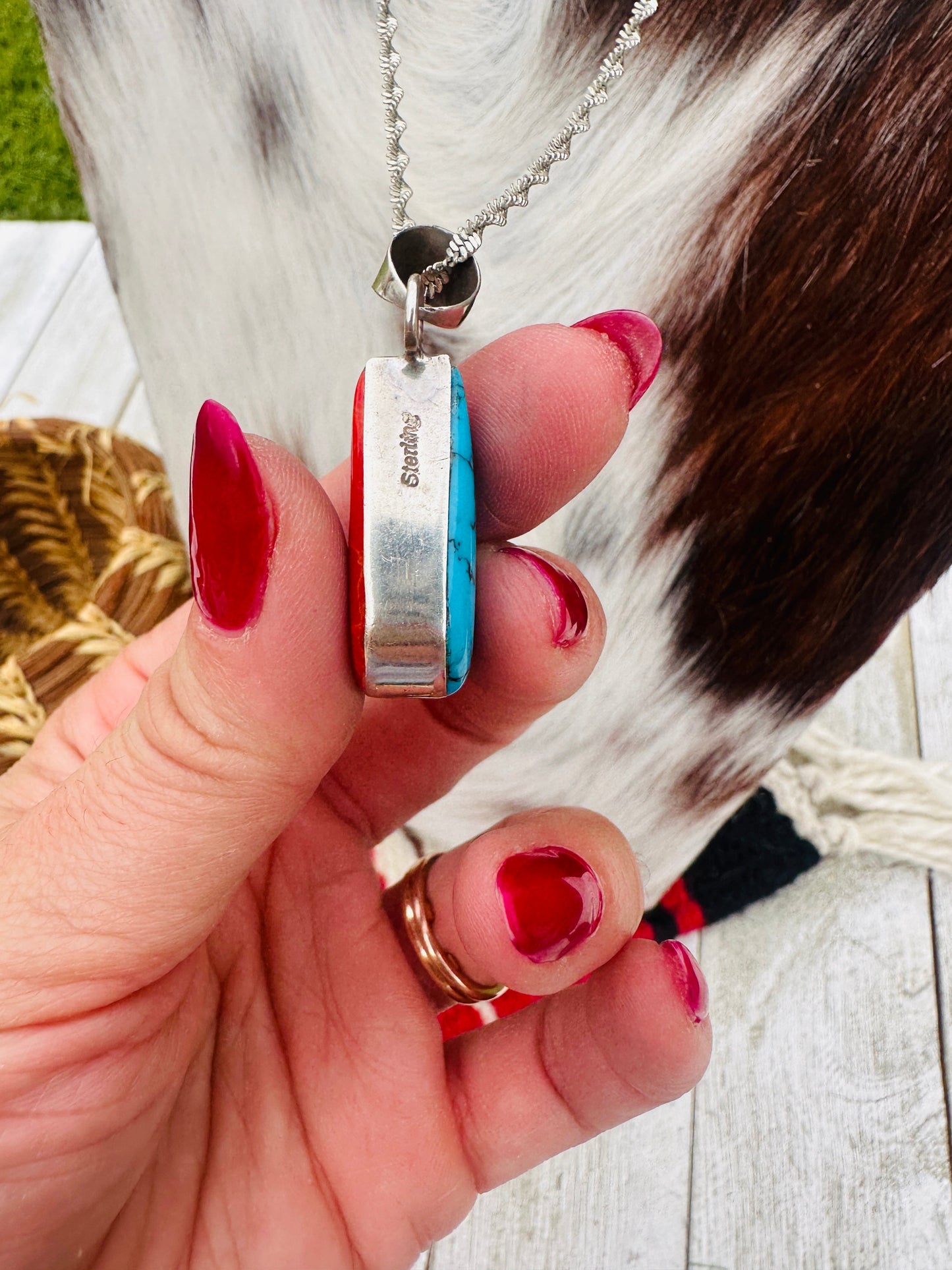 Old Pawn Handcrafted Sterling Silver, Coral and Turquoise Double Sided Necklace