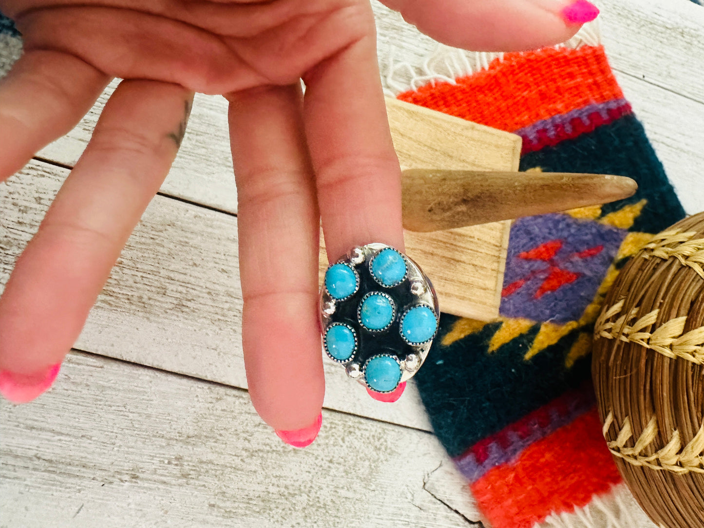 Handcrafted Turquoise & Sterling Silver Cluster Cigar Band Ring