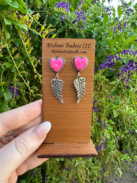 Handmade Hot Pink Fire Opal and Sterling Silver Leaf Post Earrings Signed Nizhoni