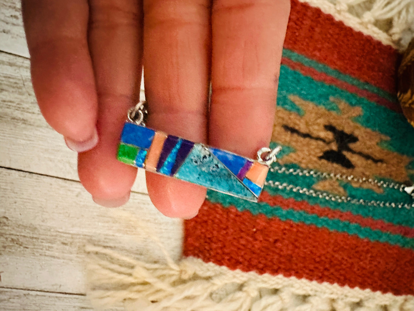 Handcrafted Multi Stone & Sterling Silver Inlay Bar Necklace
