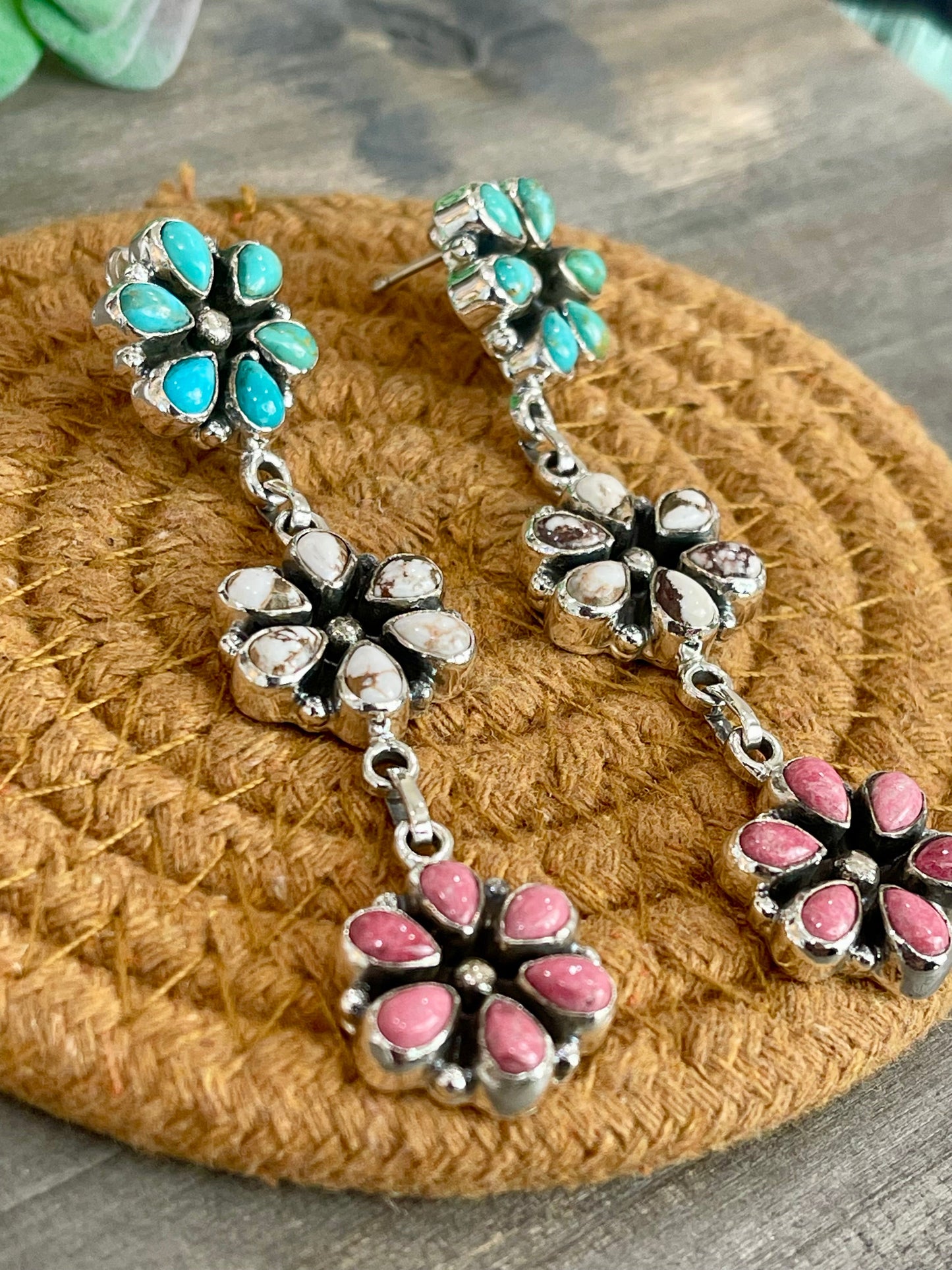Handmade Sterling Silver, Turquoise & Multi Stone Post Dangle Cluster Earrings