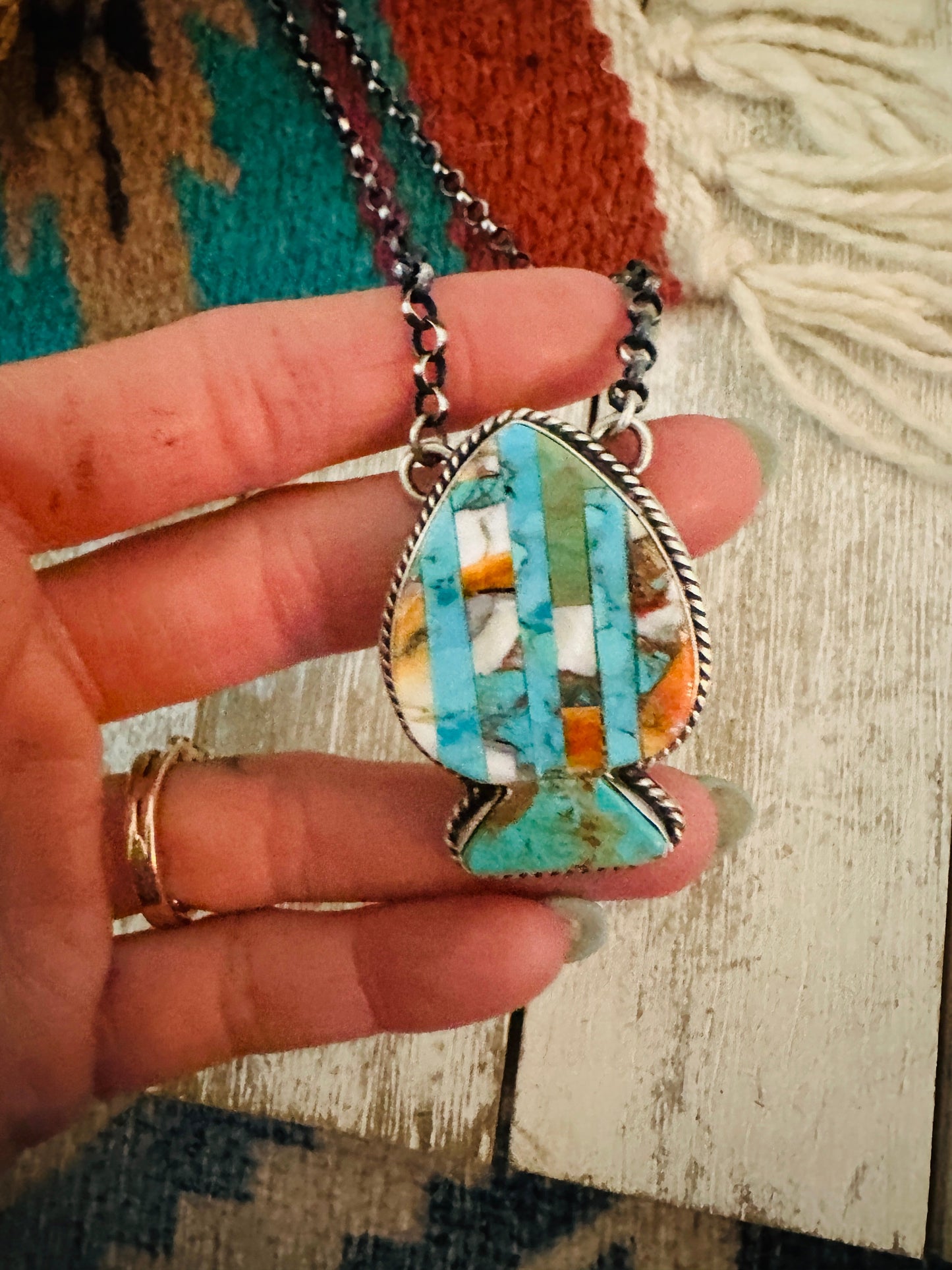 Handcrafted Sterling Silver & Multi Stone Inlay Spade Necklace