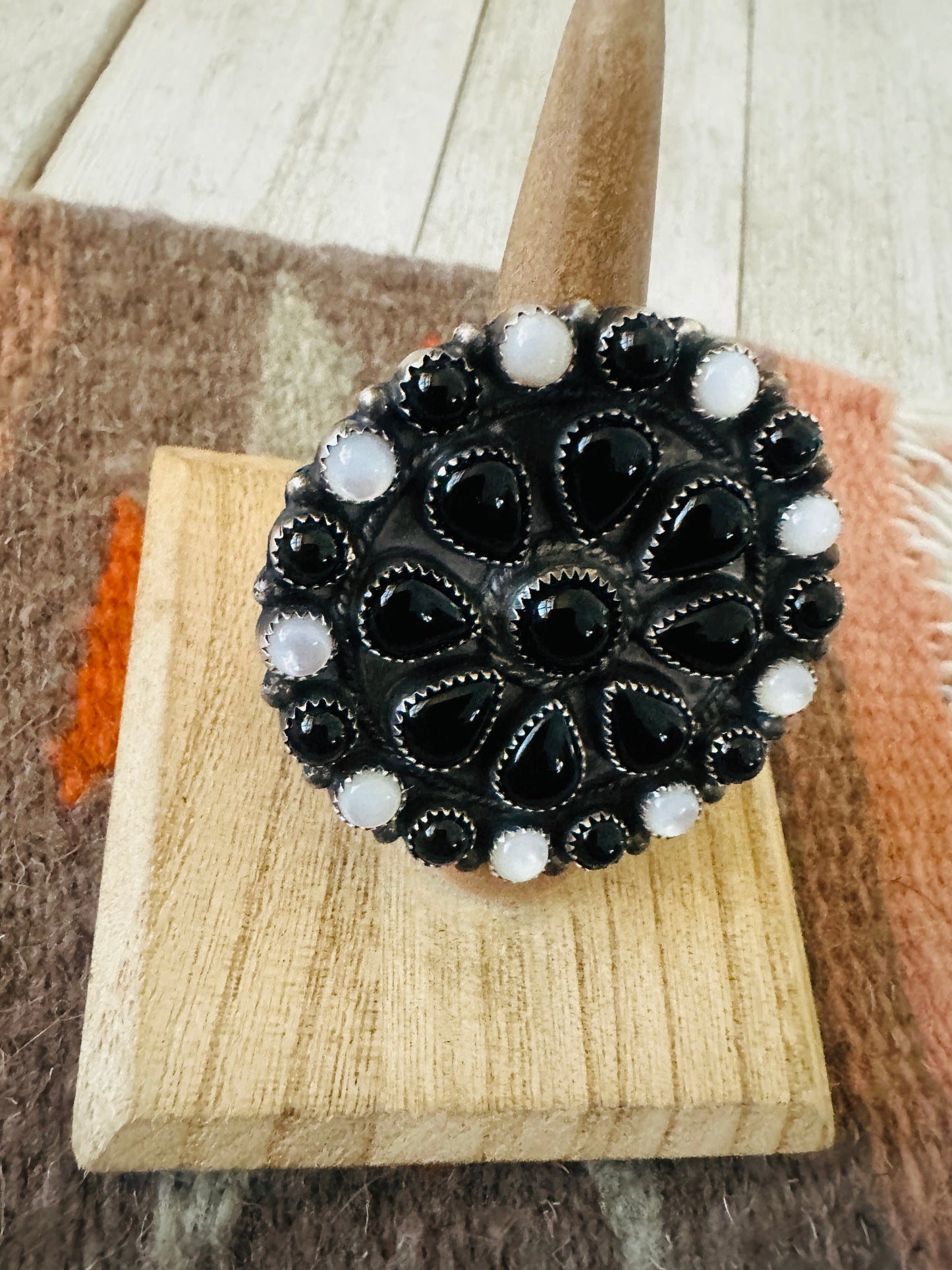 Handcrafted Sterling Silver, Onyx & Mother of Pearl Cluster Adjustable Ring