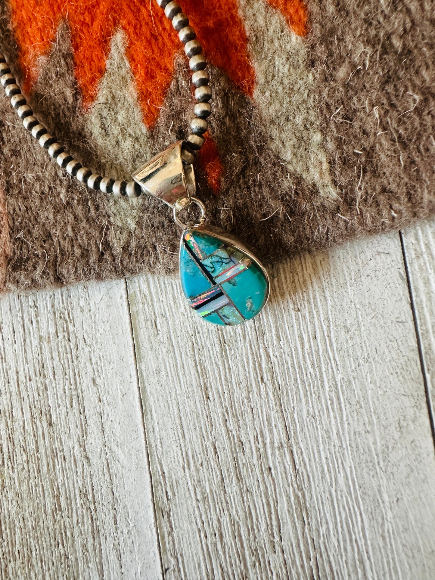 Handcrafted Multi Stone & Sterling Silver Inlay Teardrop Pendant