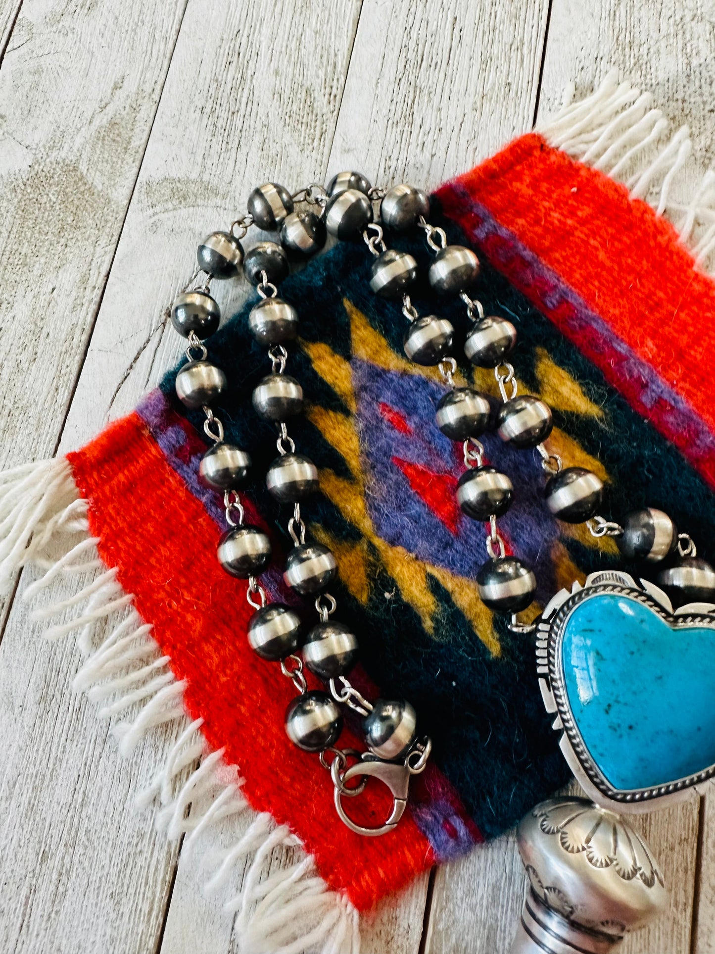 Handcrafted Sterling Silver & Turquoise Heart Blossom Beaded Necklace