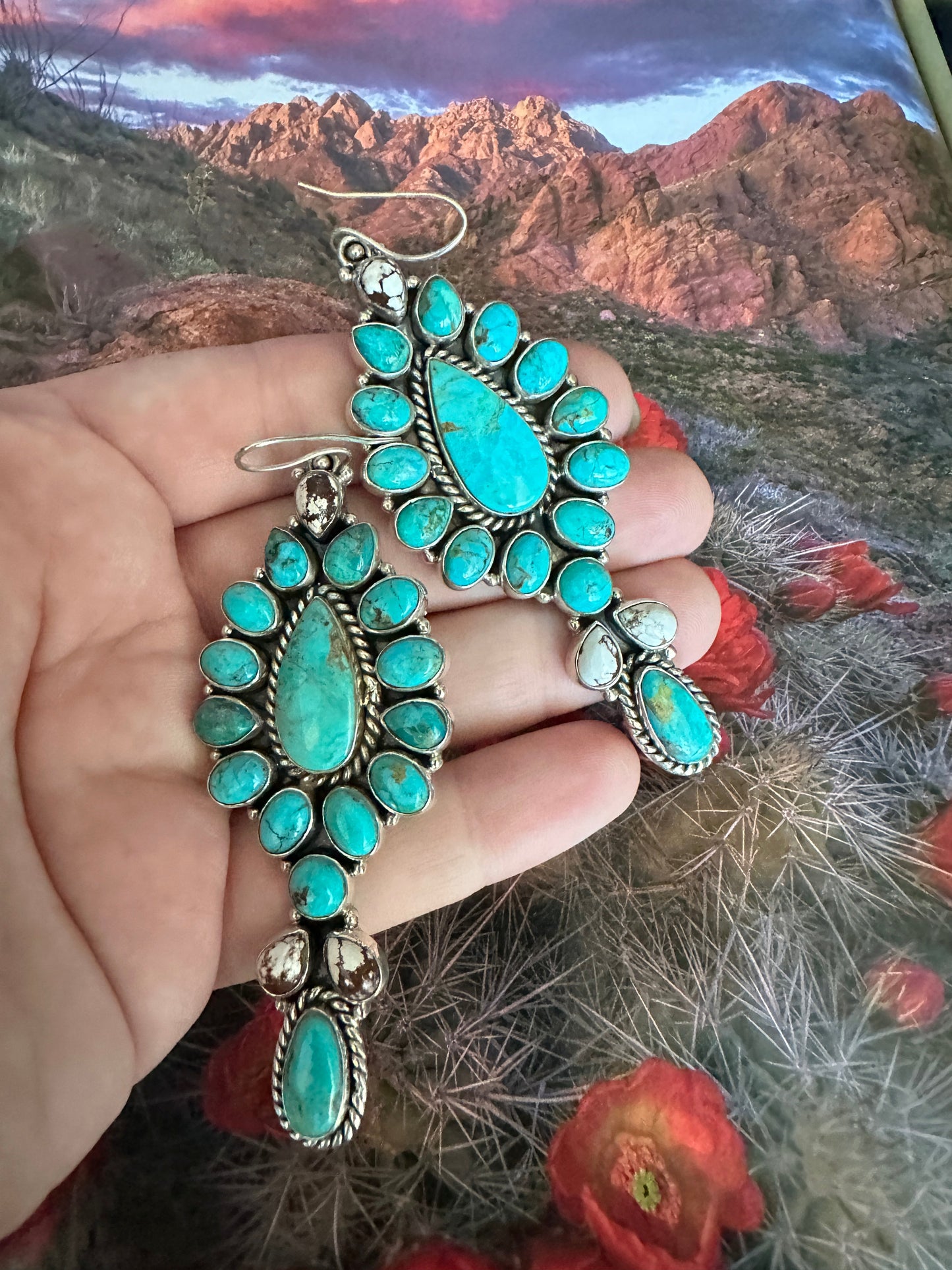 Handmade Turquoise, Wild Horse And Sterling Silver Cluster Dangle Earrings