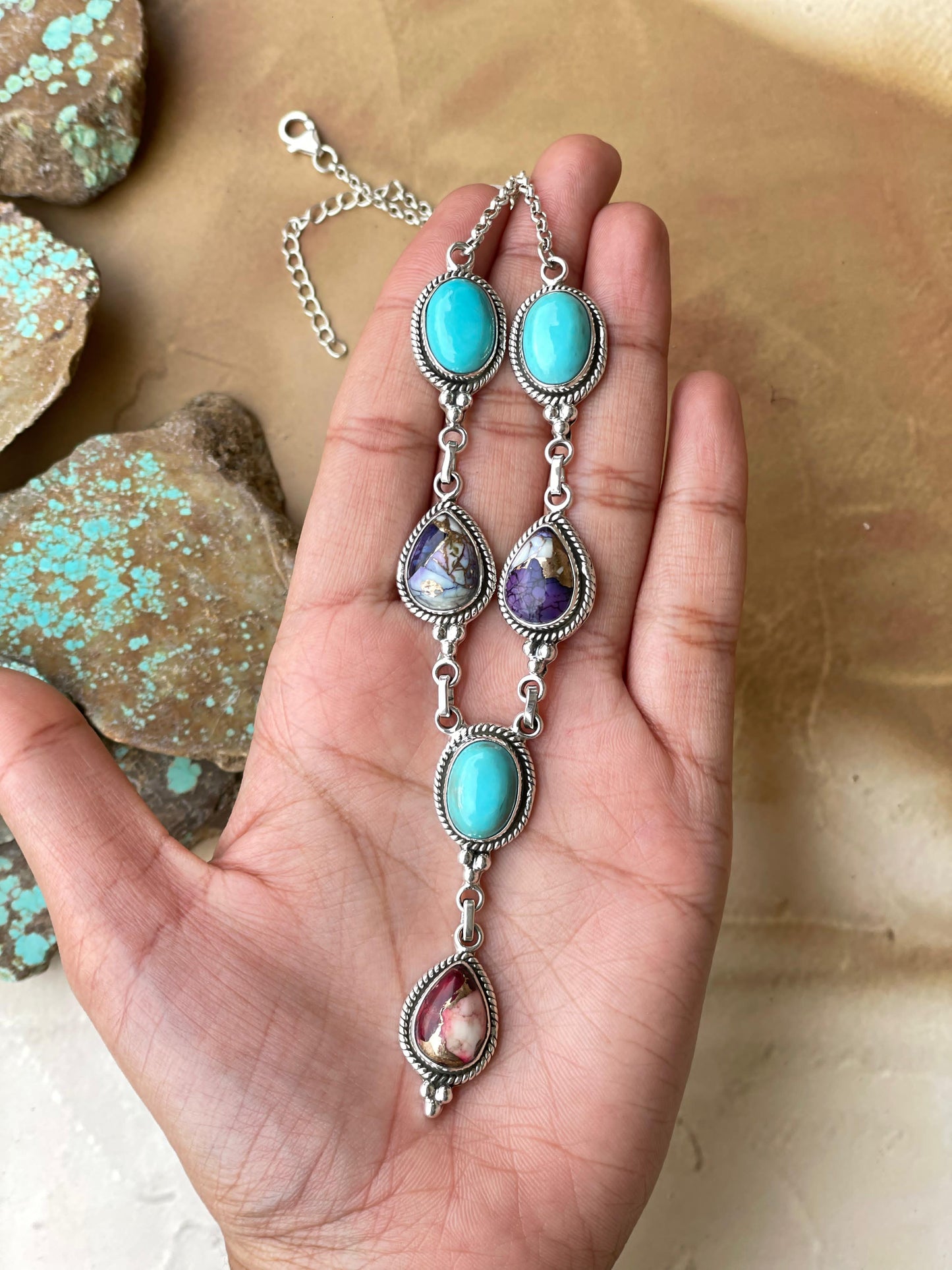 Handmade Sterling Silver, Turquoise, Violet Frost, Dahlia Rose Lariat  Necklace