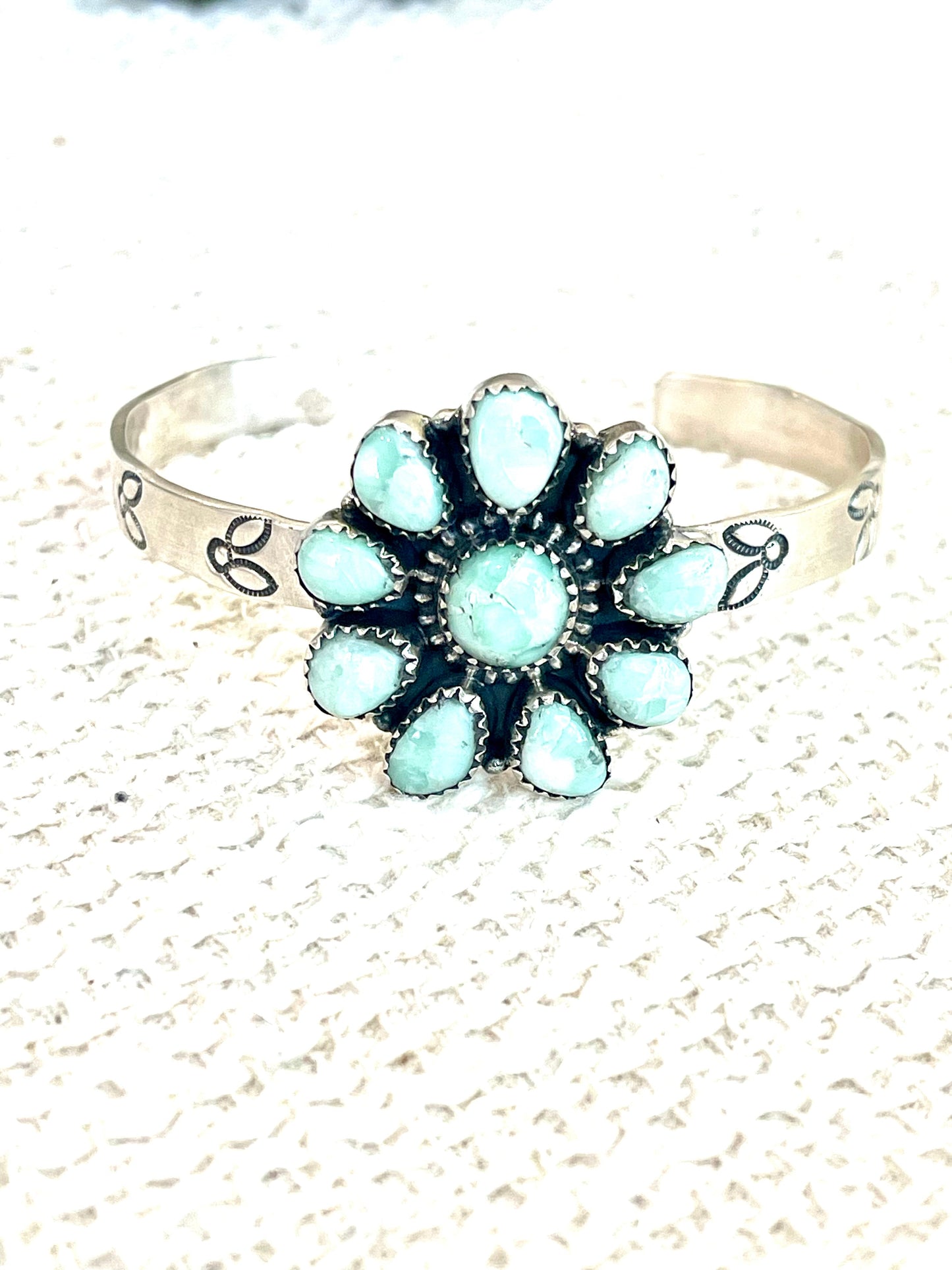 Handmade Sterling Silver, Mint Dahlia Adjustable Flower Cuff Bracelet