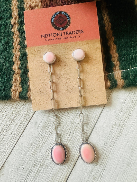Handcrafted Sterling Silver & Queen Pink Conch Chain Dangle Earrings
