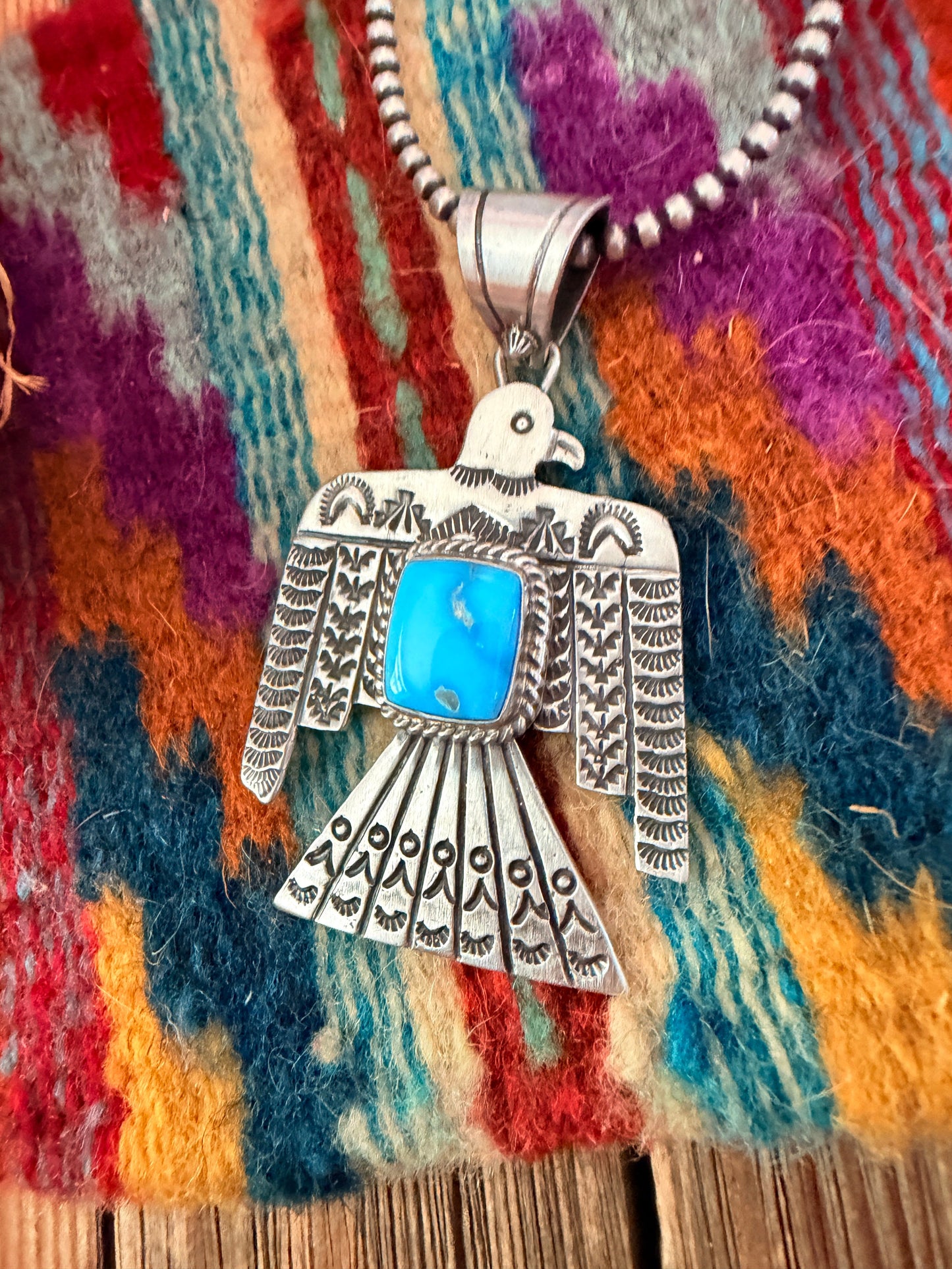 Handcrafted Sterling Silver & Turquoise Thunderbird Pendant by Leroy James