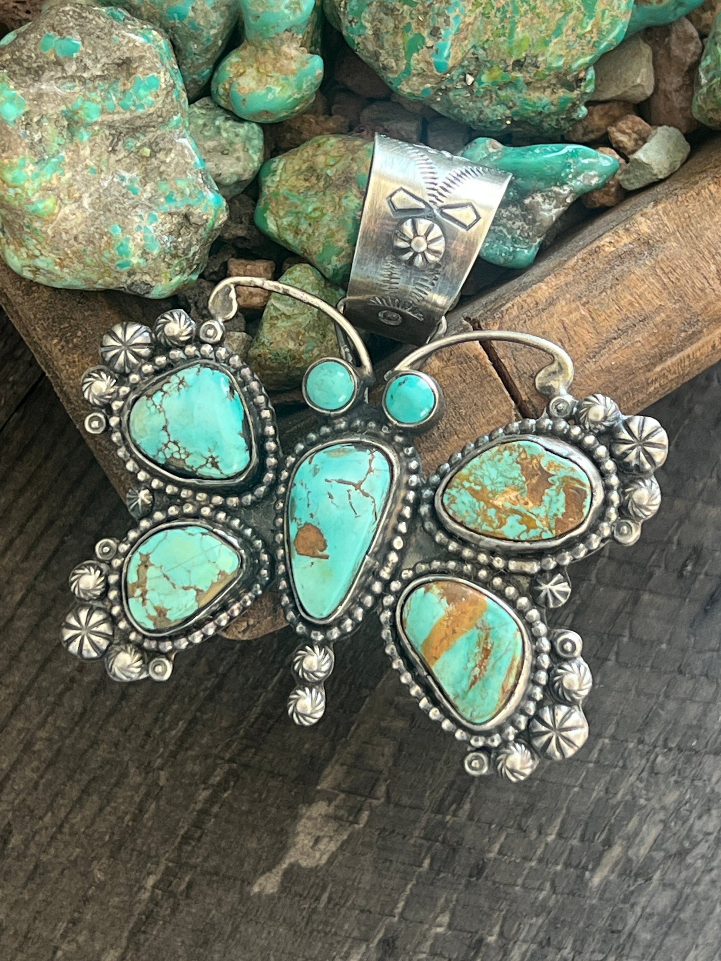 Apache Made Sterling Silver & Pilot Mountain Turquoise Butterfly Pendant by Rosella Paxson