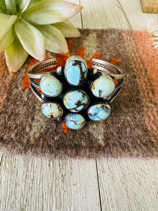Navajo Golden Hills Turquoise & Sterling Silver Cluster Cuff Bracelet