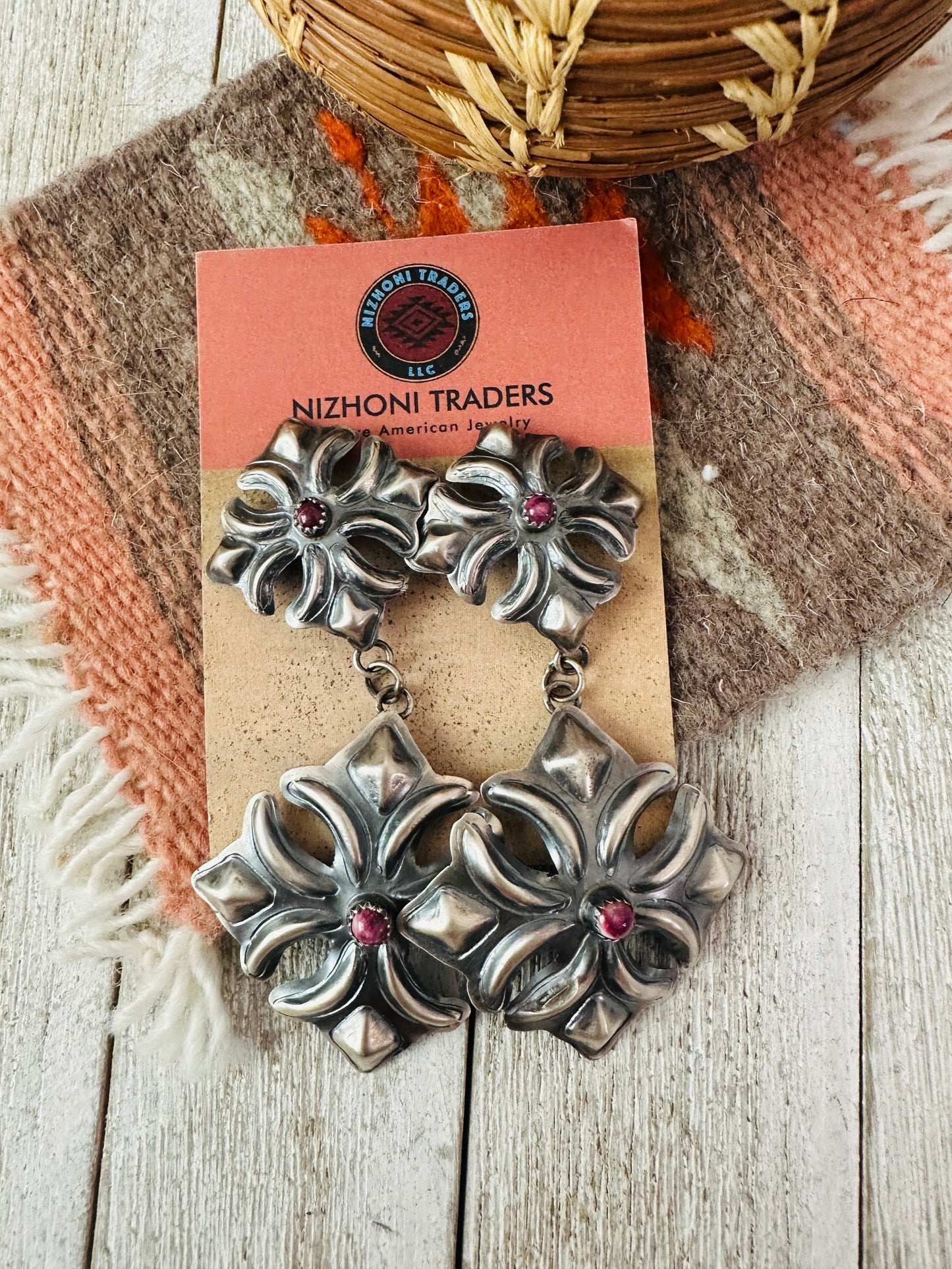 Handcrafted Purple Spiny & Sterling Silver Concho Dangle Earrings by Tim Yazzie