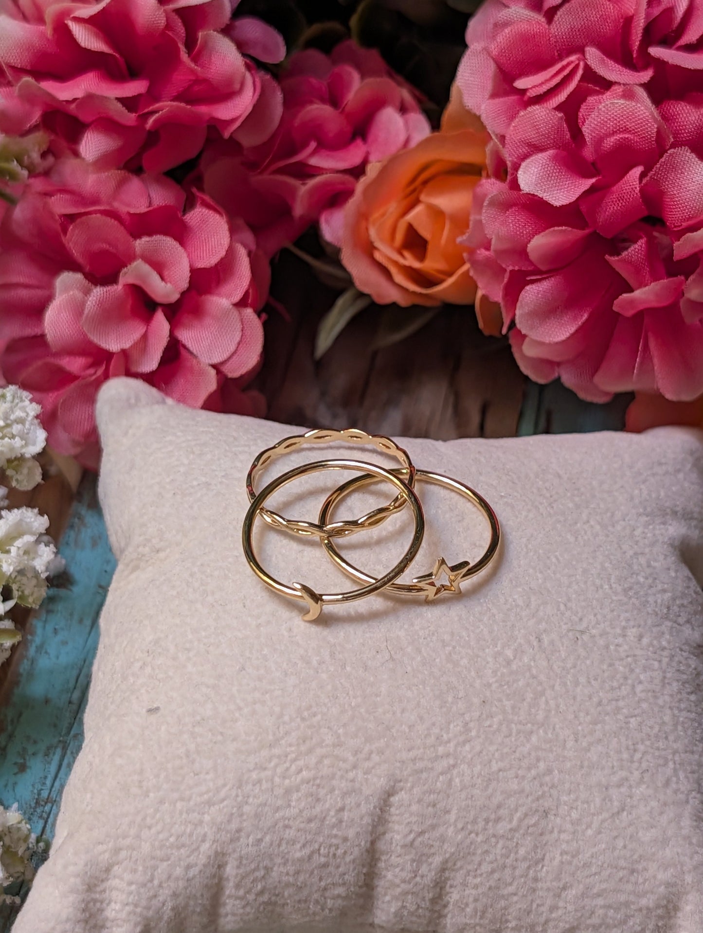 14k Gold Celestial Stacking Ring Set of 3